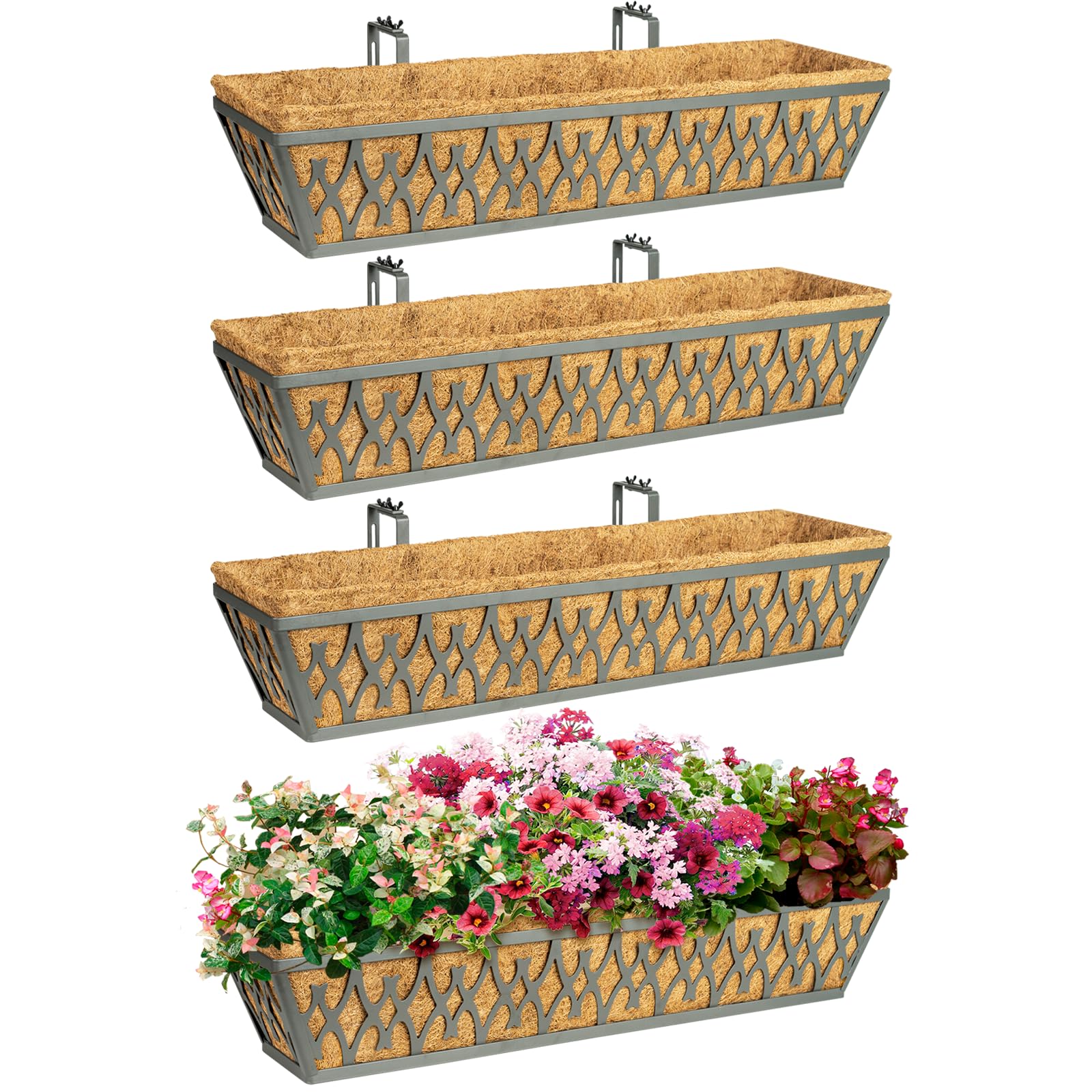 4 Pack 30 Inch Window Boxes Planters Railing Planter Box with Adjustable Brackets for Porch Fence Patio Balcony Hanging Flower Baskets with Coco Liners for Outdoor Garden Decor - Dark Grey