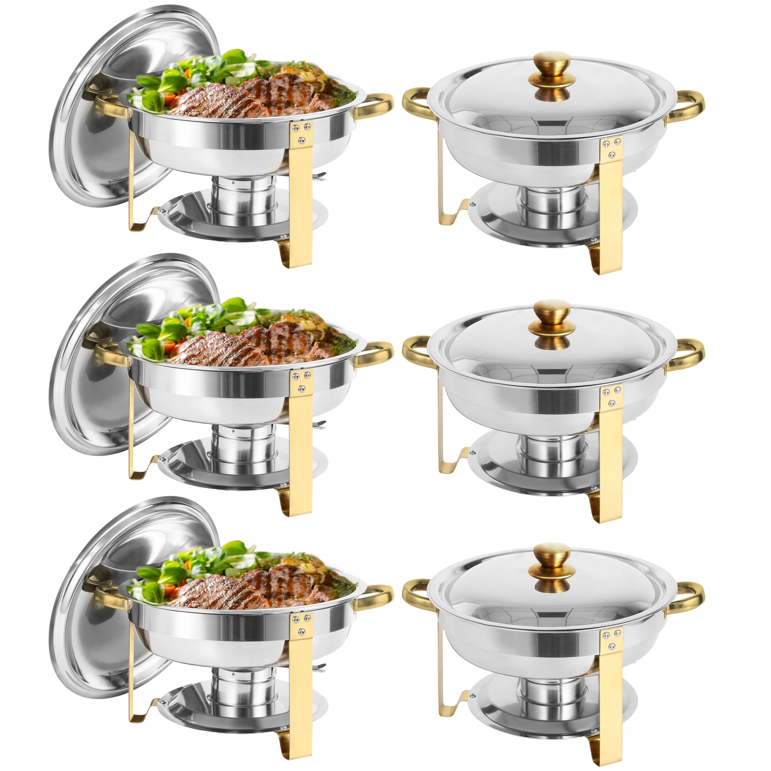 Chafing Dish Buffet Set of 6, 5QT Round Stainless Steel Chafer for Catering, Upgraded Chafers and Buffet Warmer Sets w/Food & Water Pan, Lid, Gold Frame, Fuel Holder for Party Wedding Holiday