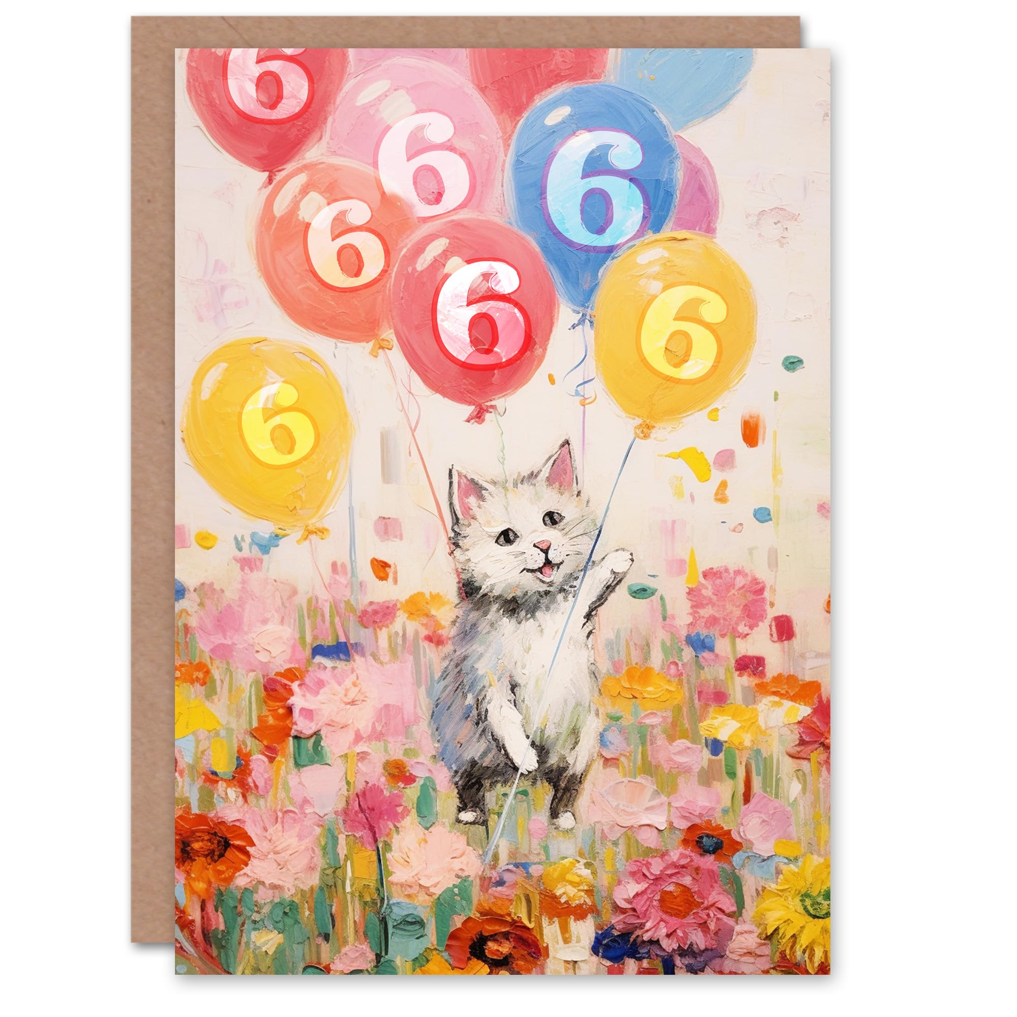 Artery8 6th Birthday Greeting Card Flowers Kitty Cat Balloons Kids Age 6 Year Old Child
