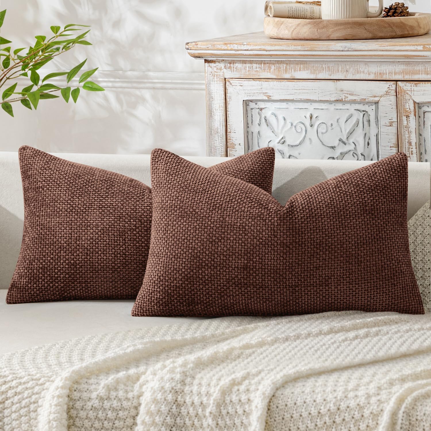 MIULEE Dercorative Lumbar Throw Pillow Covers 12x20 Red Brown 2 Pack