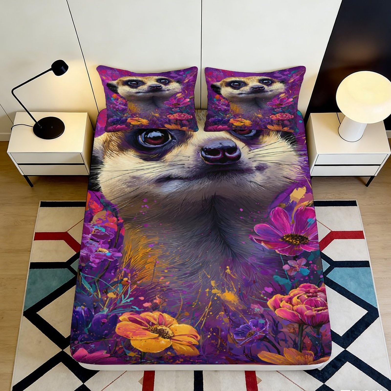 3D Printed Meerkat Flower Fitted Sheet Microfiber Purple Floral Mattress Cover for Bedroom Guest Room Decor 90x200x25cm