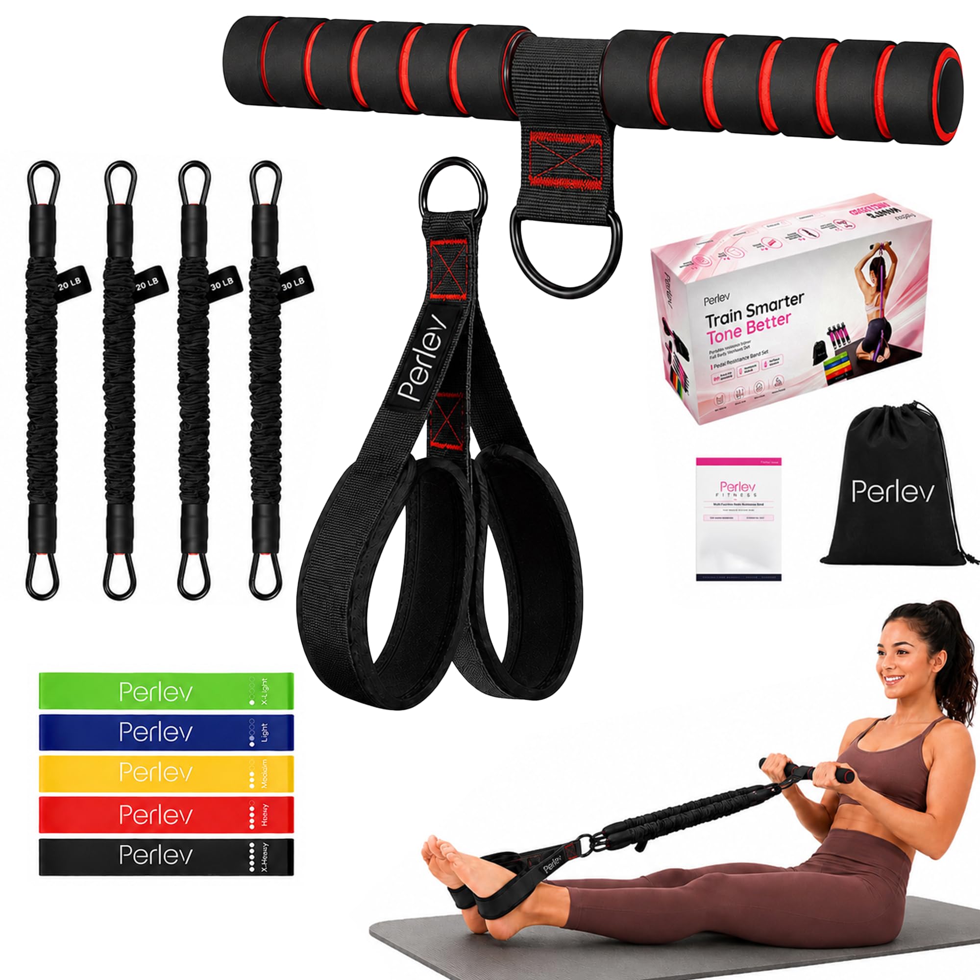 Perlev Pedal Resistance Band with Handle, 4 Tube Adjustable Resistance Bands & 5 Loop Bands Set, Up to 100LB Home Workout Equipment for Women, Abs, Core, Legs, Glutes & Pilates (Black)