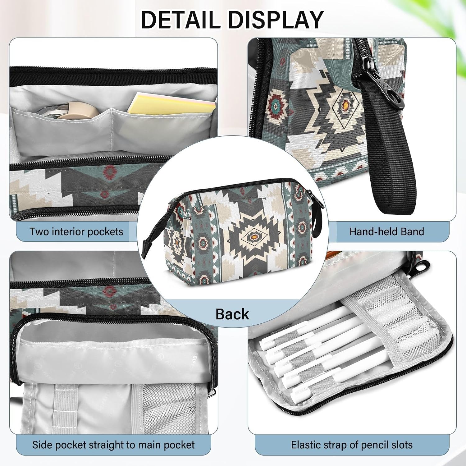 Aztec Navajo Large Capacity Pencil Case Pen Bag Pencil Pouch, Kids Printed Pencil Case with Handle Canvas Zipper Pen Pouch for School Office College Ideal Start Graduation Gifts