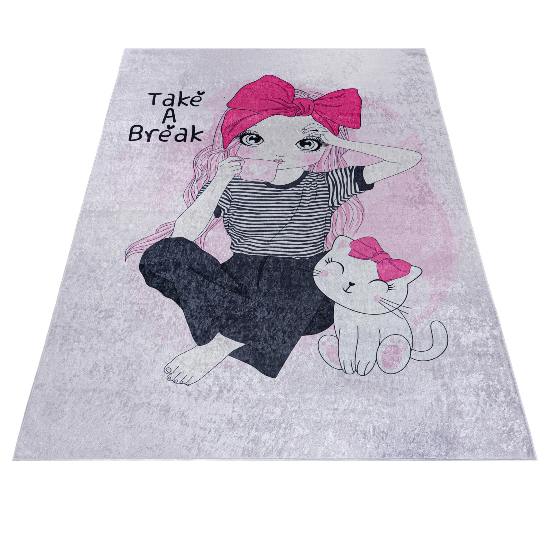Mazovia Alfombra Infantil Habitación Infantil 80x150cm Antracita Rosa Gato