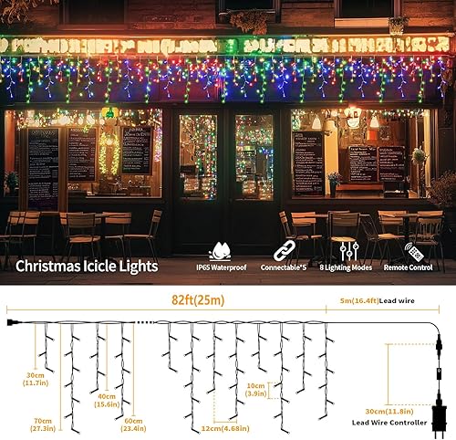Miniatura 5 de Luces de carámbano para exteriores, 82 pies, 880 luces LED de Navidad para exteriores, impermeables, 176 gotas con control remoto, 8 modos para