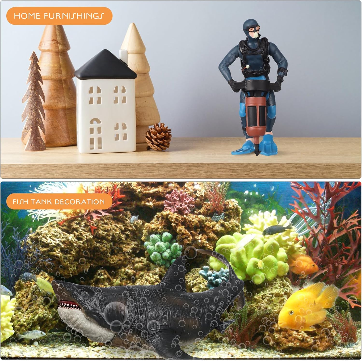 3 Pcs Scuba Diver Toys with Shark Figurines - Miniature Diver Action Figures for Kids - PVC Plastic Models for Decoration - 9.92 X 5.59 X 4.80 Inches