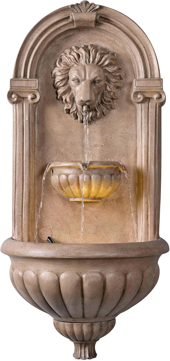 Royal Sandstone LED Outdoor Wall Fountain with Lion Head