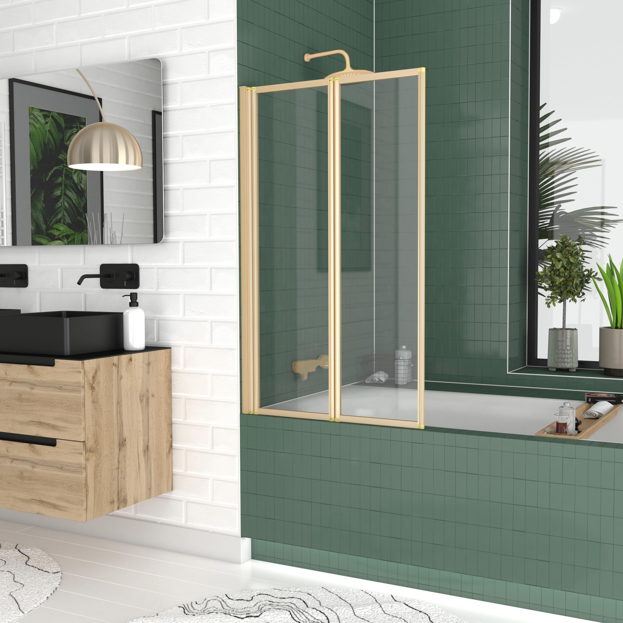 Marwell Mampara plegable doble dorado 120 x 70 cm, para bañera con cristal de seguridad 4 mm, dos paredes plegables giratorias, marco de aluminio de