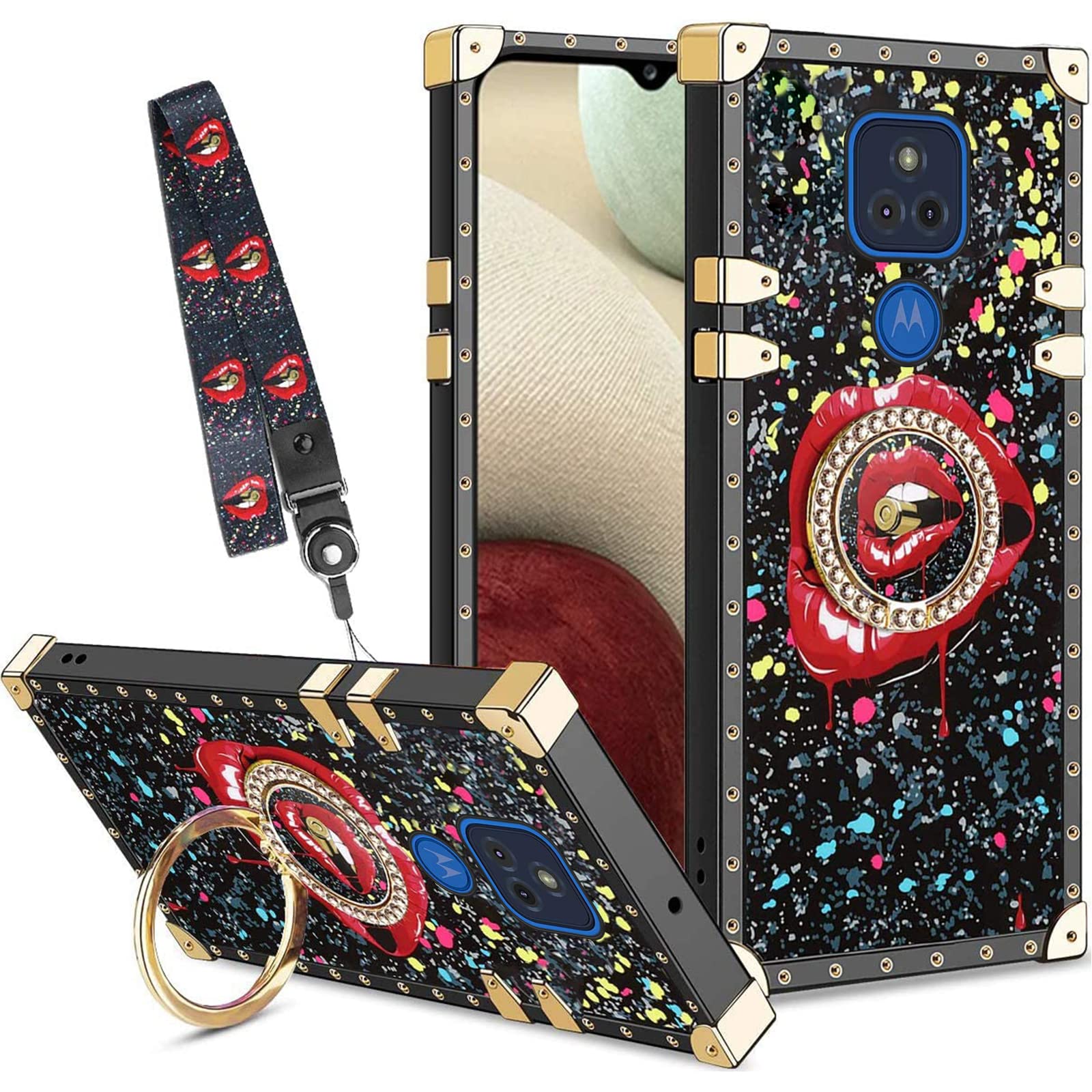 Annyojo for Moto g Play 2021 Case for Women Girls with Ring Stand Holder Lanyard Luxury Kiss Square Cute Elegant Design Girly Shockproof Soft TPU Protective Cover, for Moto g Play 2021(Red Lips)