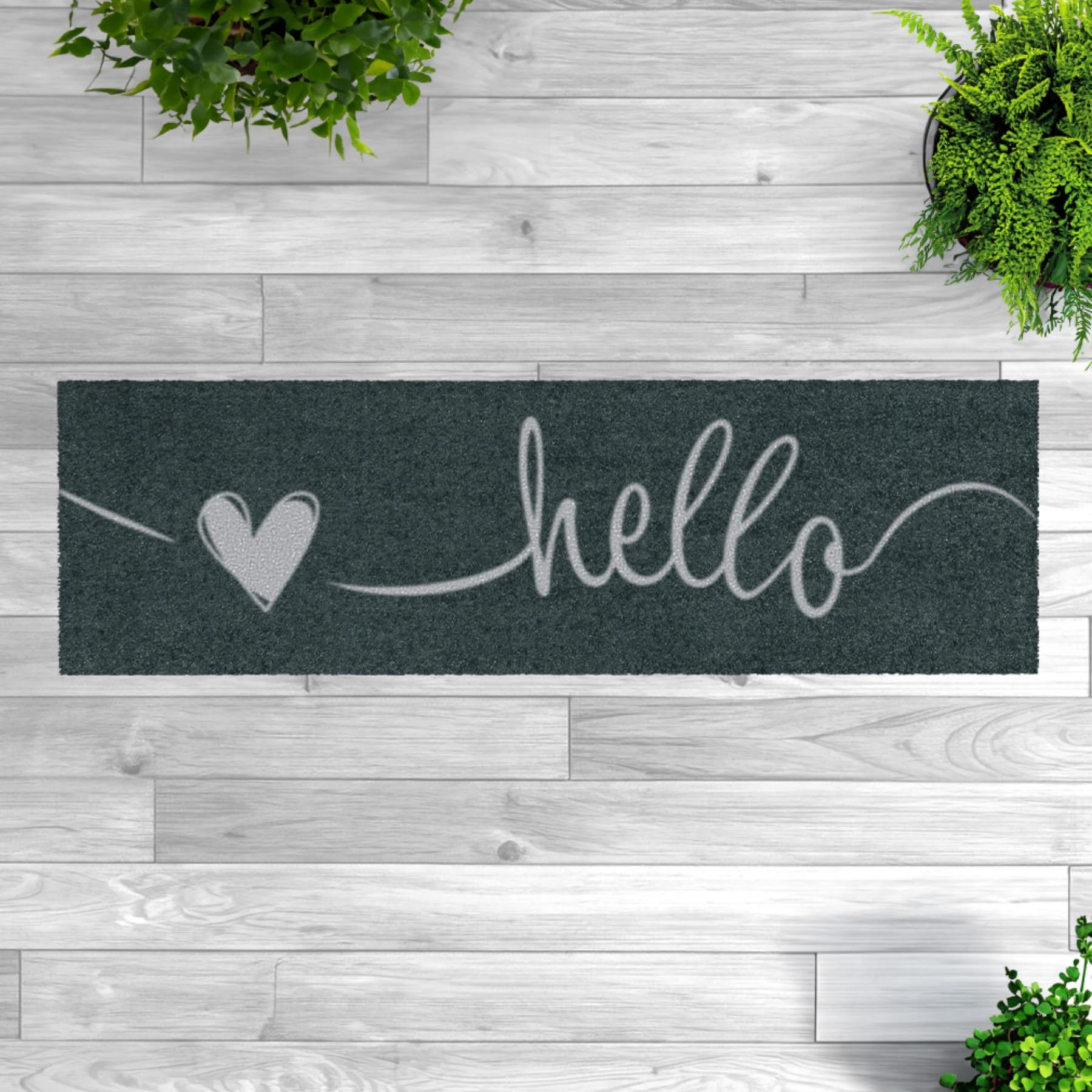 MOCAVI Mat Fußmatte Schuhparkplatz 30x100 cm waschbar Hello Herz Schuh-Teppich lang, schmal, Schuhe ausziehen, Deko sbereich innen, außen, Matte, Haustür, Stiefelmatte