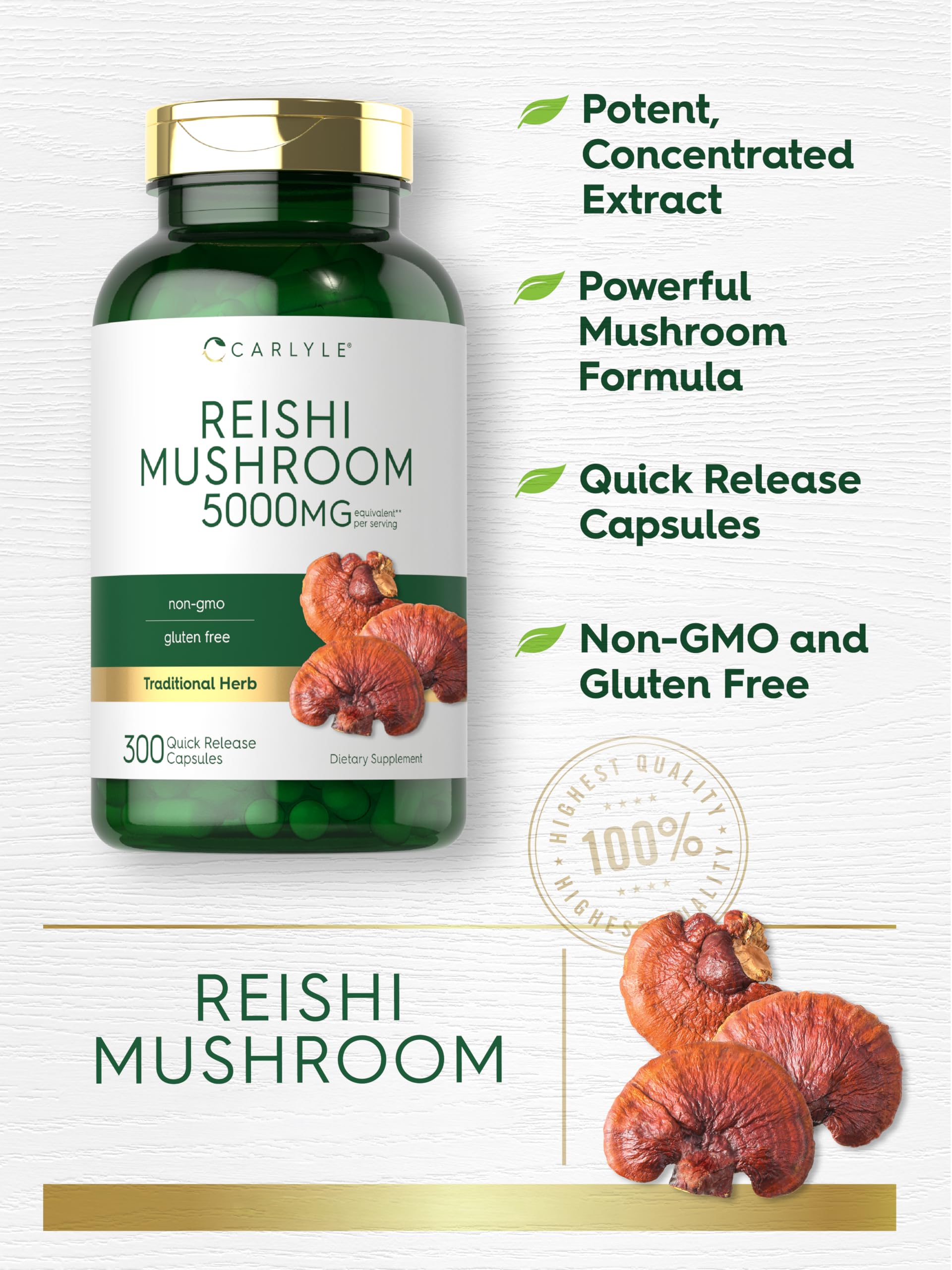 Carlyle Reishi Mushroom Supplement 5000mg | 300 Capsules | Non-GMO, Gluten Free Reishi Mushroom Extract