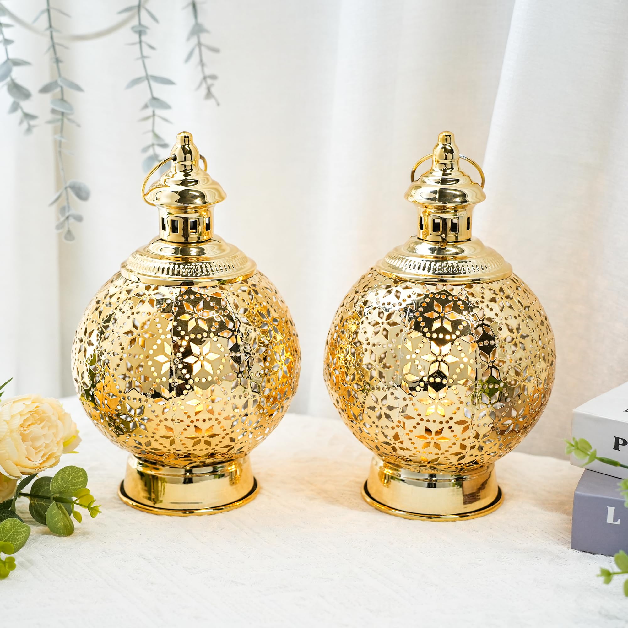 TRIROCKS Złota marokańska latarnia, 26 cm, wysokie, metalowe lampiony do ogrodu, lampiony ogrodowe, lampa ramadanowa, marokańskie lampy do salonu, na patio, podwórko, ścieżkę i korytarz