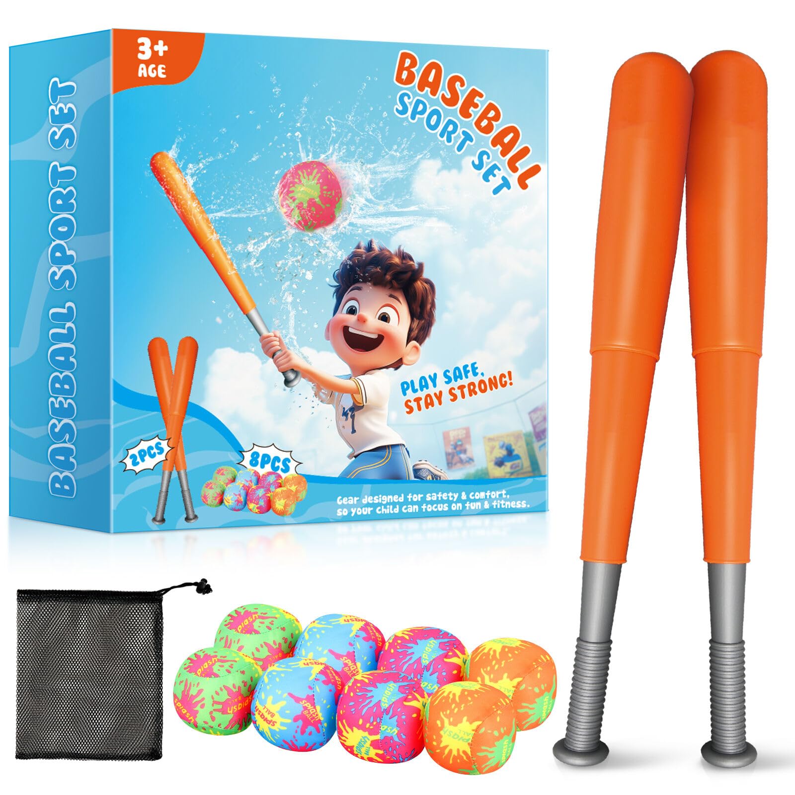 Aooess Baseball Toys for Kids 3-5: Baseball Set with 2 Bats and 8 Oversized 7CM Water Absorbing Balls Toddler Baseballs for Boys 3-5 Summer Outdoor Play Toy for Boys & Girls Baseballs Kids Gifts