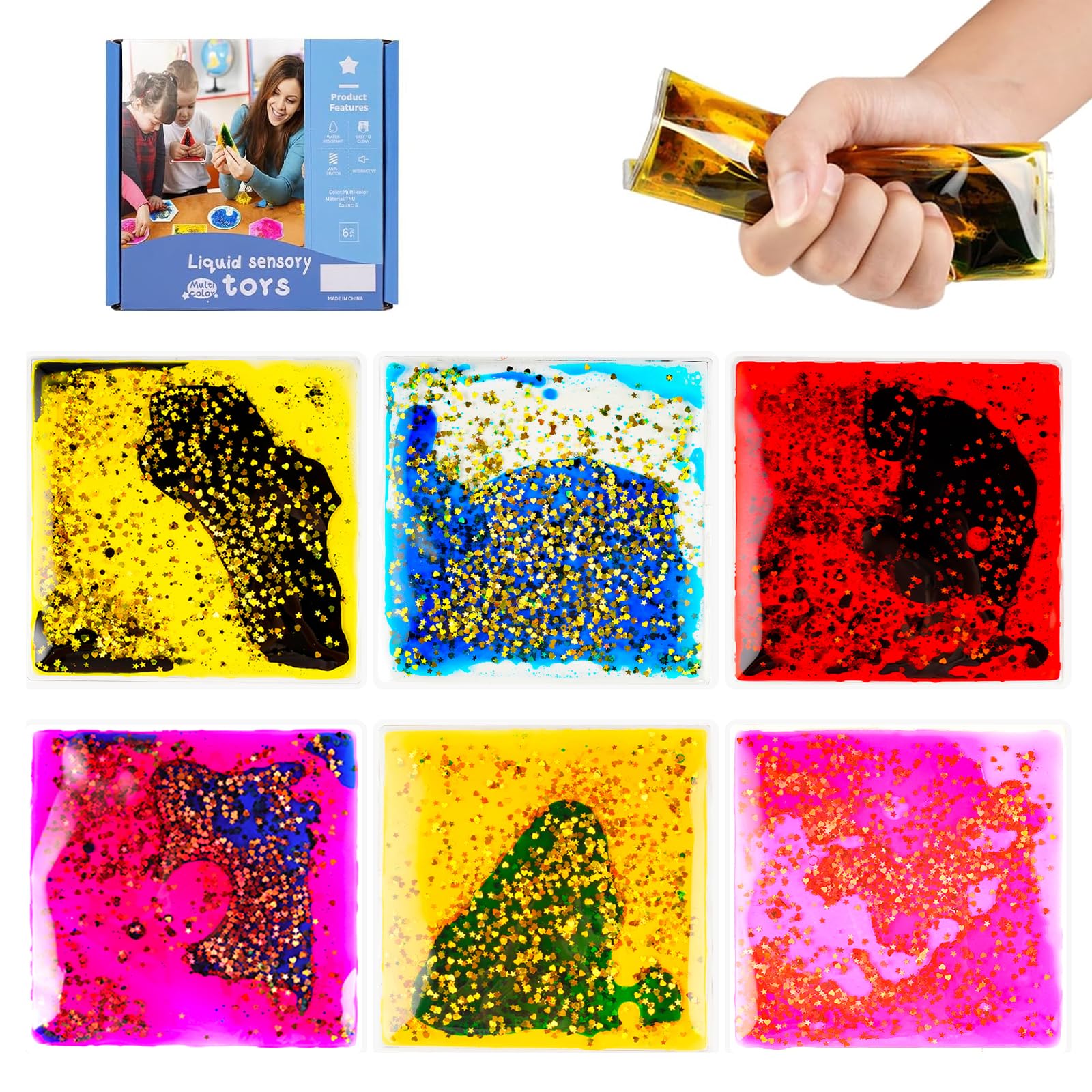 Sensory Soft Gel Liquid Toys: Water Sensory Fidget Toys Square Sensory Toys for Autistic Children 6-Pack