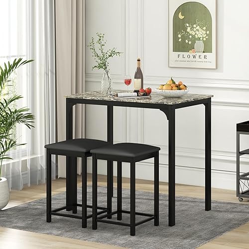 Miniatura 8 de GOFLAME Juego de mesa de comedor de 3 piezas para 2, juego de mesa y sillas de cocina a altura de mostrador con tablero de mármol falso, taburetes
