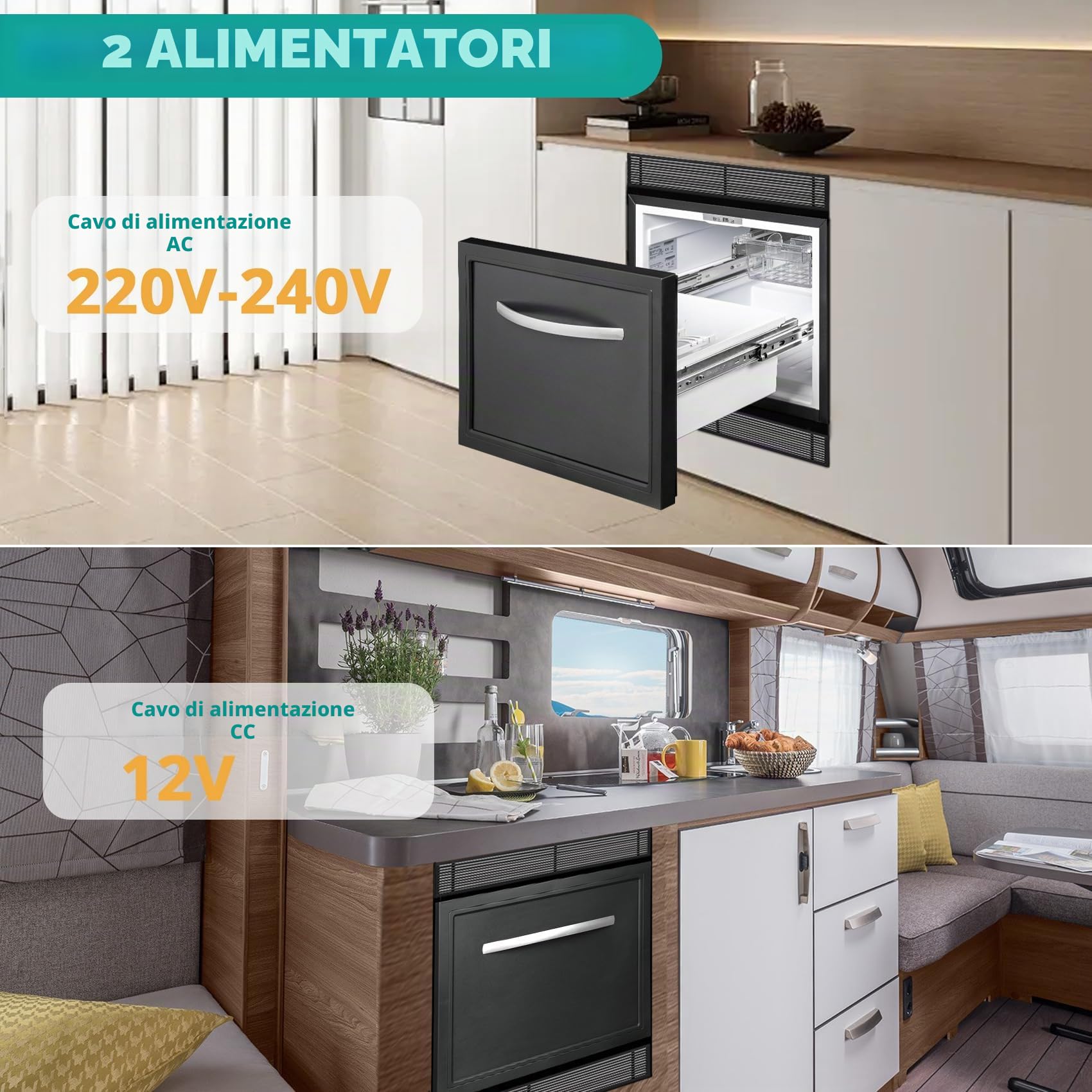SMETA Frigo Auto 45L Frigo 12V/220V Frigorifero Camper con doppio cassetto per Casa Mobile, Roulotte Casa, Viaggio Silenzioso
