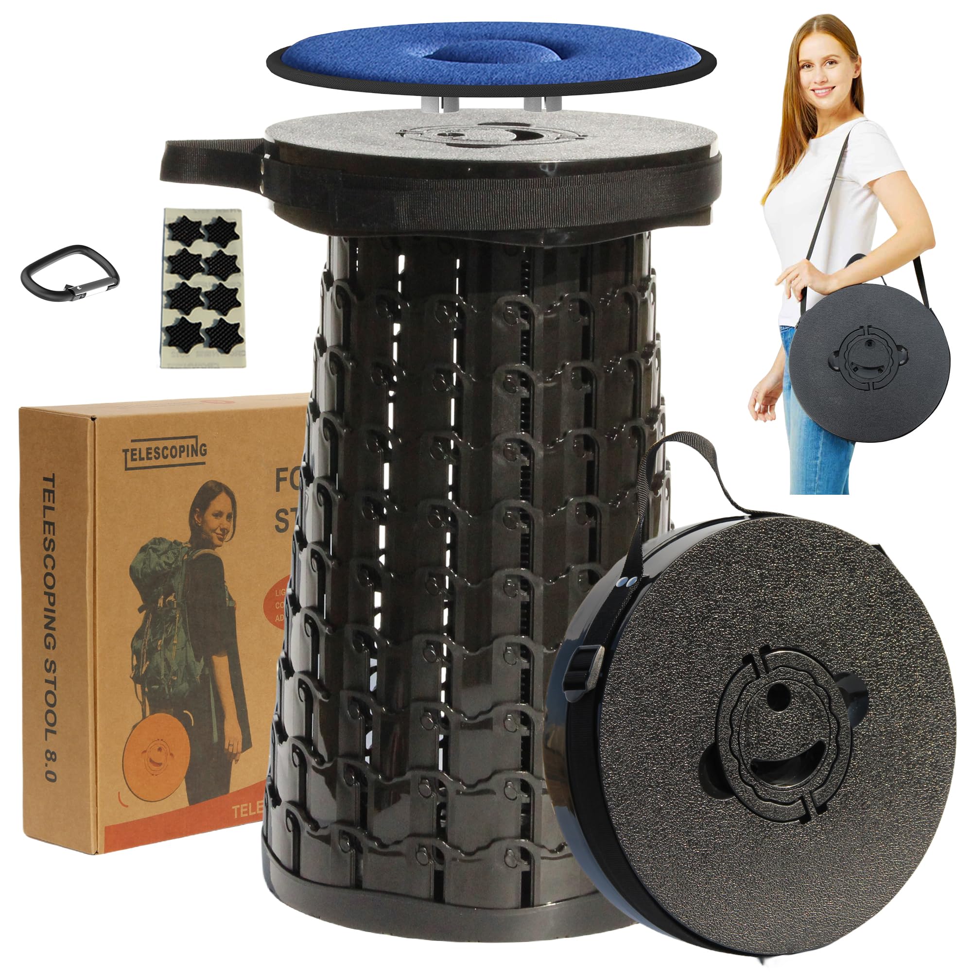 ALEVMOOM 2026 Upgraded XXL 19.7" Collapsible Stool with Cushion, 1000lbs Max Weight Heavy Duty Portable Telescoping Stool, Retractable Seat Folding