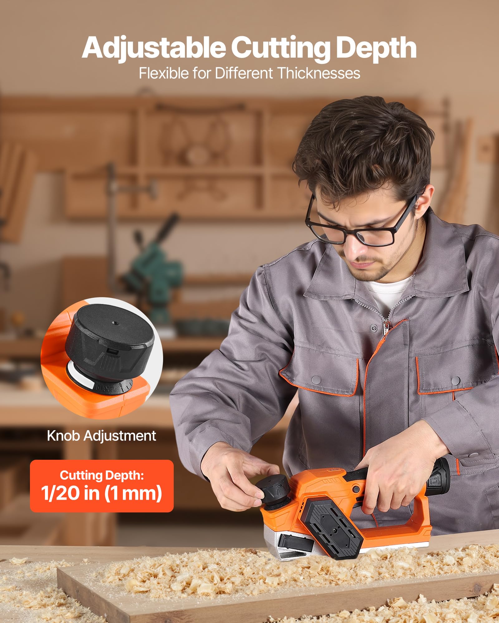 VEVOR Rabot Électrique sans Fil Largeur Coupe 56 mm Raboteuse à Bois à Main 14500 tr/min Batterie Lithium 2 Ah 12 V Moteur sans Balais Profondeur Coupe Réglable 2 Lames pour Travail Chanfreinage Bois