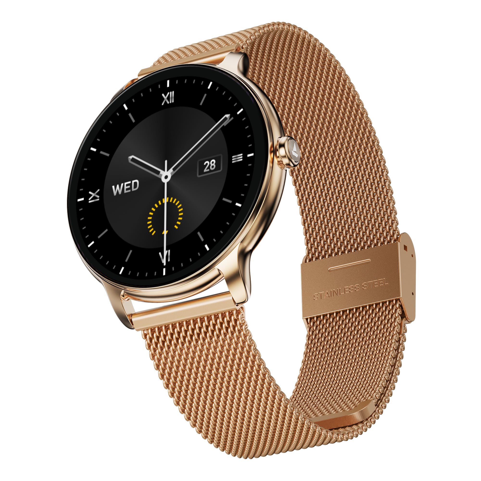 boAt Chrome Iris Fashion Smart Watch for Women - Elegant Ultra-Sleek Dial, Light-Weight Metal Body, 1.32" AMOLED Display, 1000 Nits, AOD, Female Wellness Tracking Watch for Woman (Metal Gold) discount deal