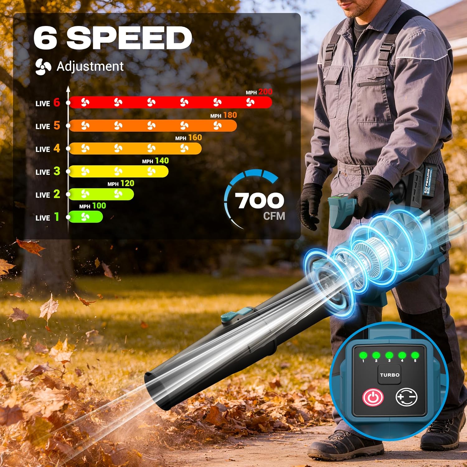 42V Leaf Blower Cordless, 700CFM & 6 Speed Modes, 42V Powerful Blowers with 2 x 5.0Ah Batteries and Charger, Lightweight Battery Powered Leaf Blowers for Lawn Care, Patio, Dust, Blowing Leaves - Image 2