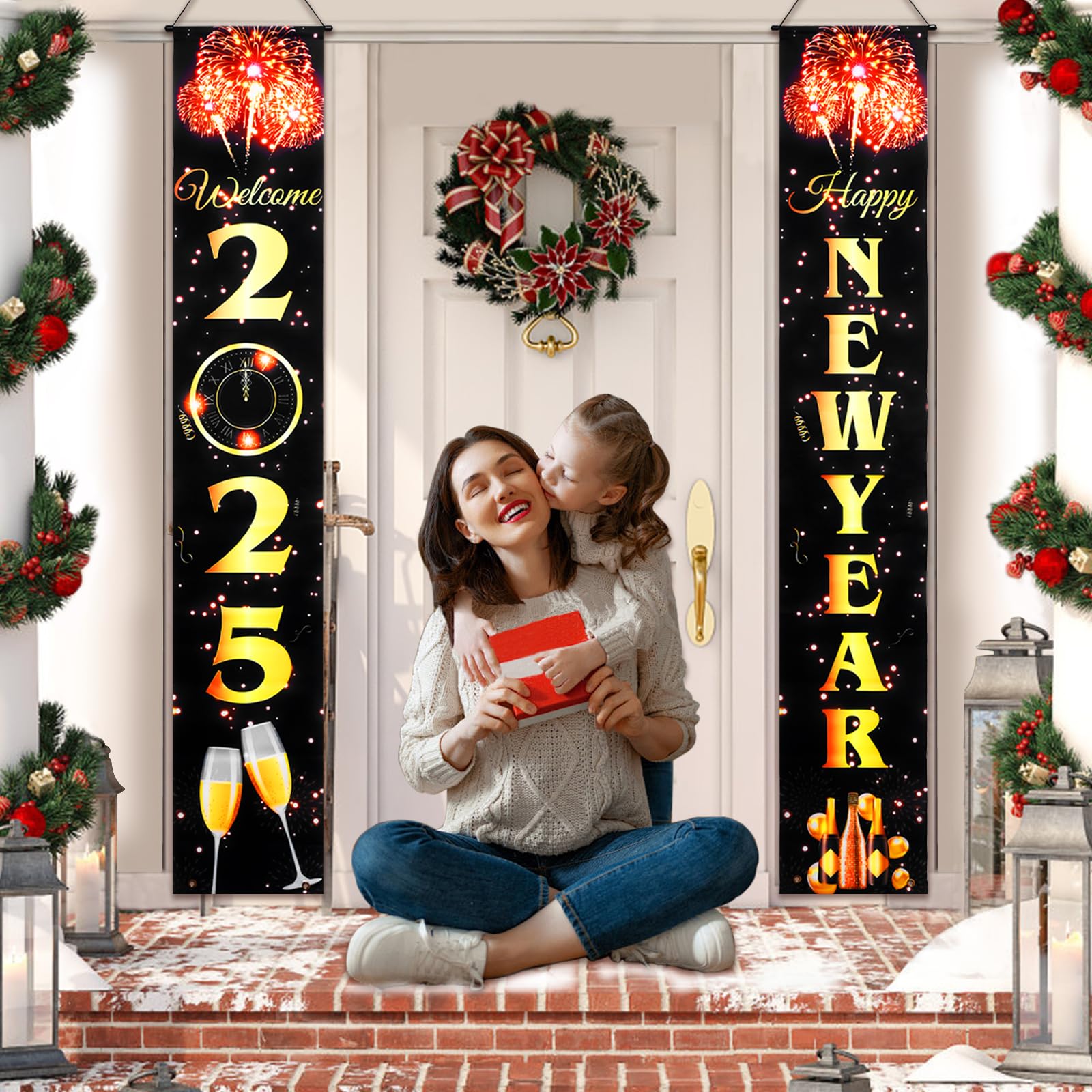Mega-L 2025 baner na drzwi noworoczne 180 x 28 cm czarno-złoty skrypt powitalny nowy rok ganek baner szczęśliwego nowego roku dekoracje 2025 sylwester banery tło artykuły imprezowe 2025