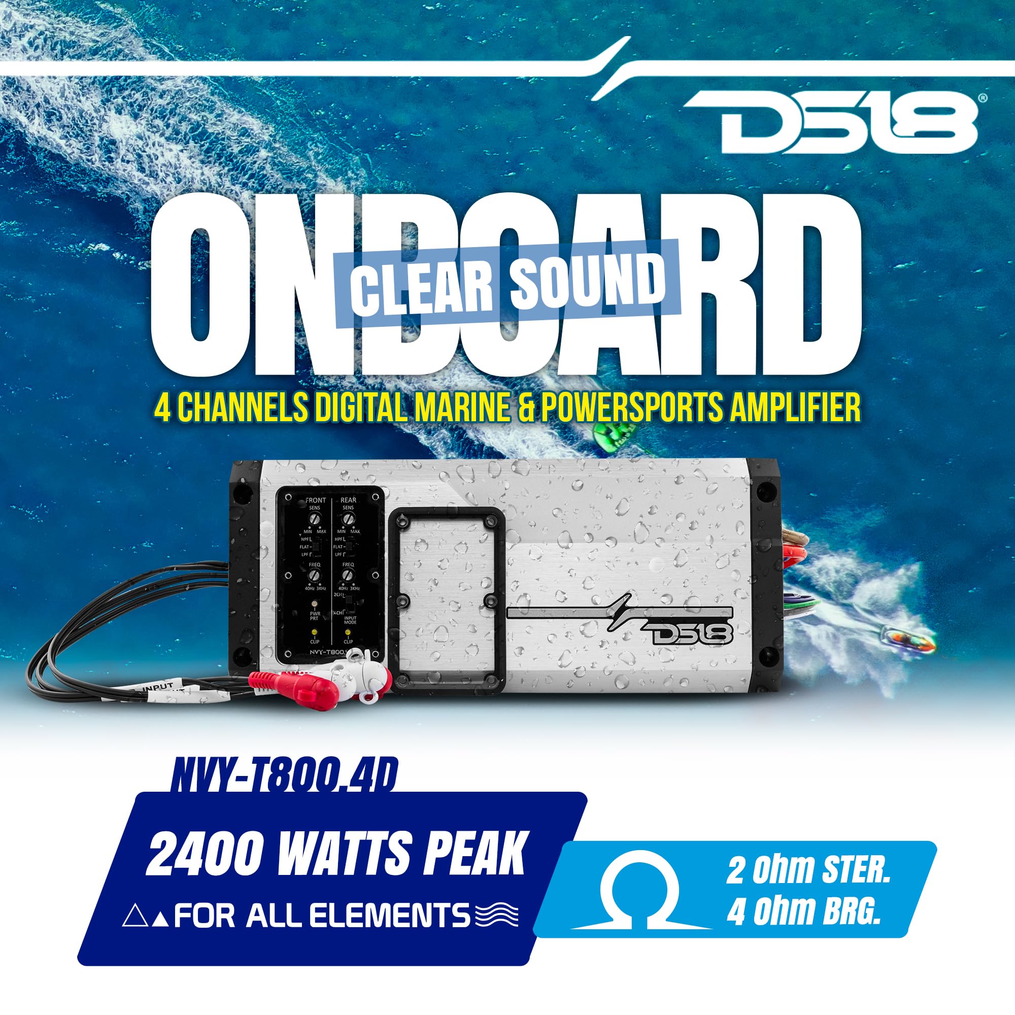 DS18 NVY-T800.4D 4-Channel Marine Waterproof Amplifier 2400 Watts Peak Power Class D Full-Range @4 Ohms 200x4 RMS - Boat & Motorsport Amp - IPX6 Waterproof Rating UV/Salt/Fog Protection