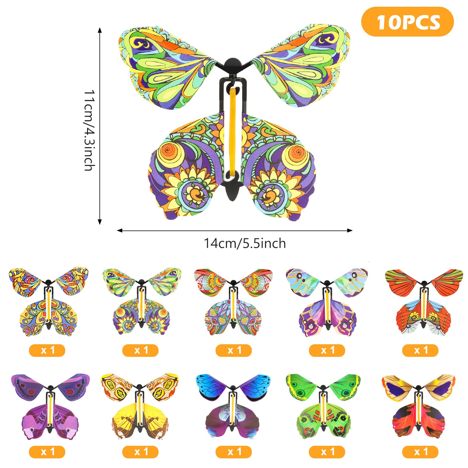 10 Papillons Magiques Volants - Avec élastique - Pour Annonce Cadeau, Mariage, Anniversaire - Multicolores