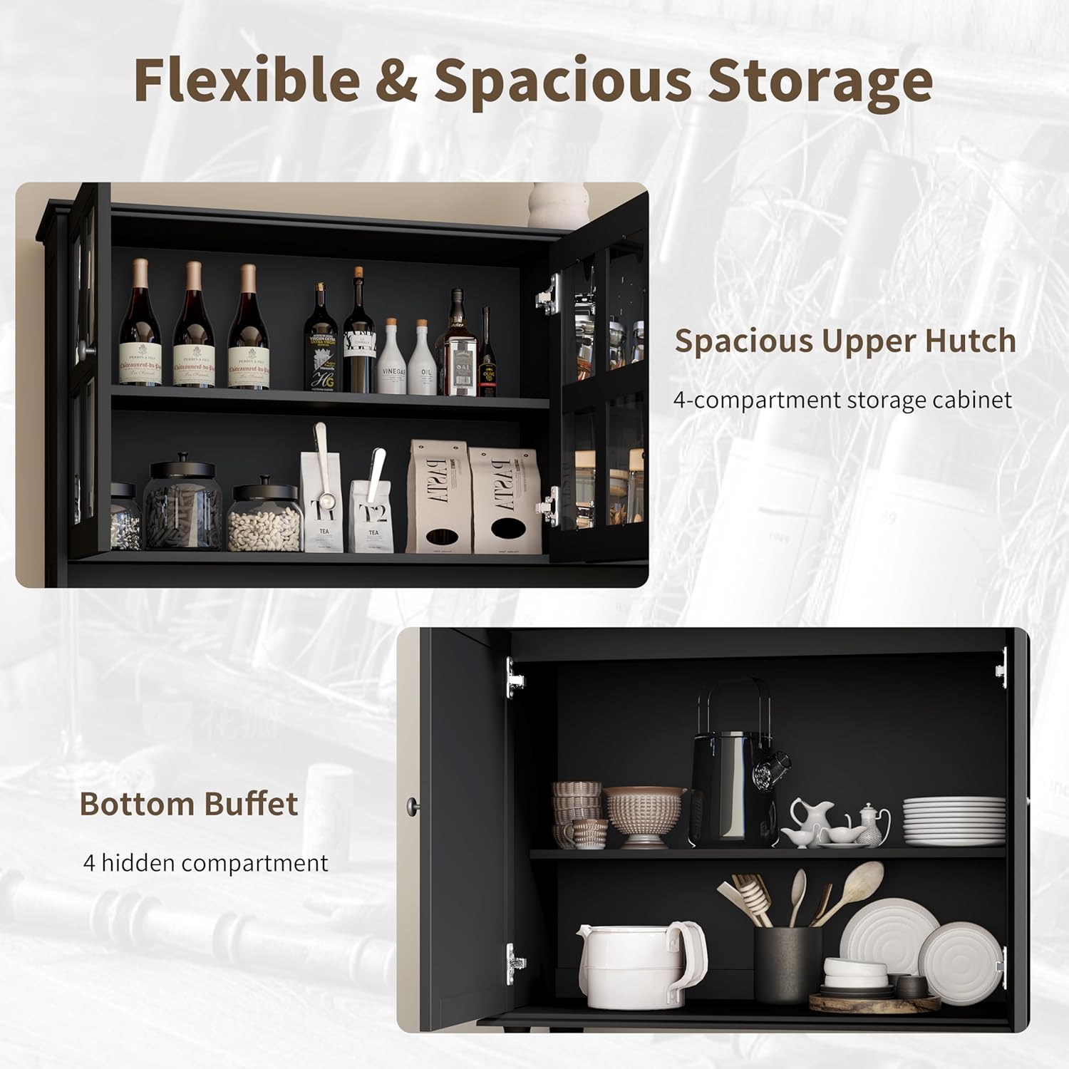 Loomie 71" Tall Kitchen Pantry Storage Cabinet, 63" Wide Kitchen Hutch Cabinet with Large Countertop, Tall Pantry with Drawers, Display Cabinets with Glass Door for Living Room(Black) (Black)