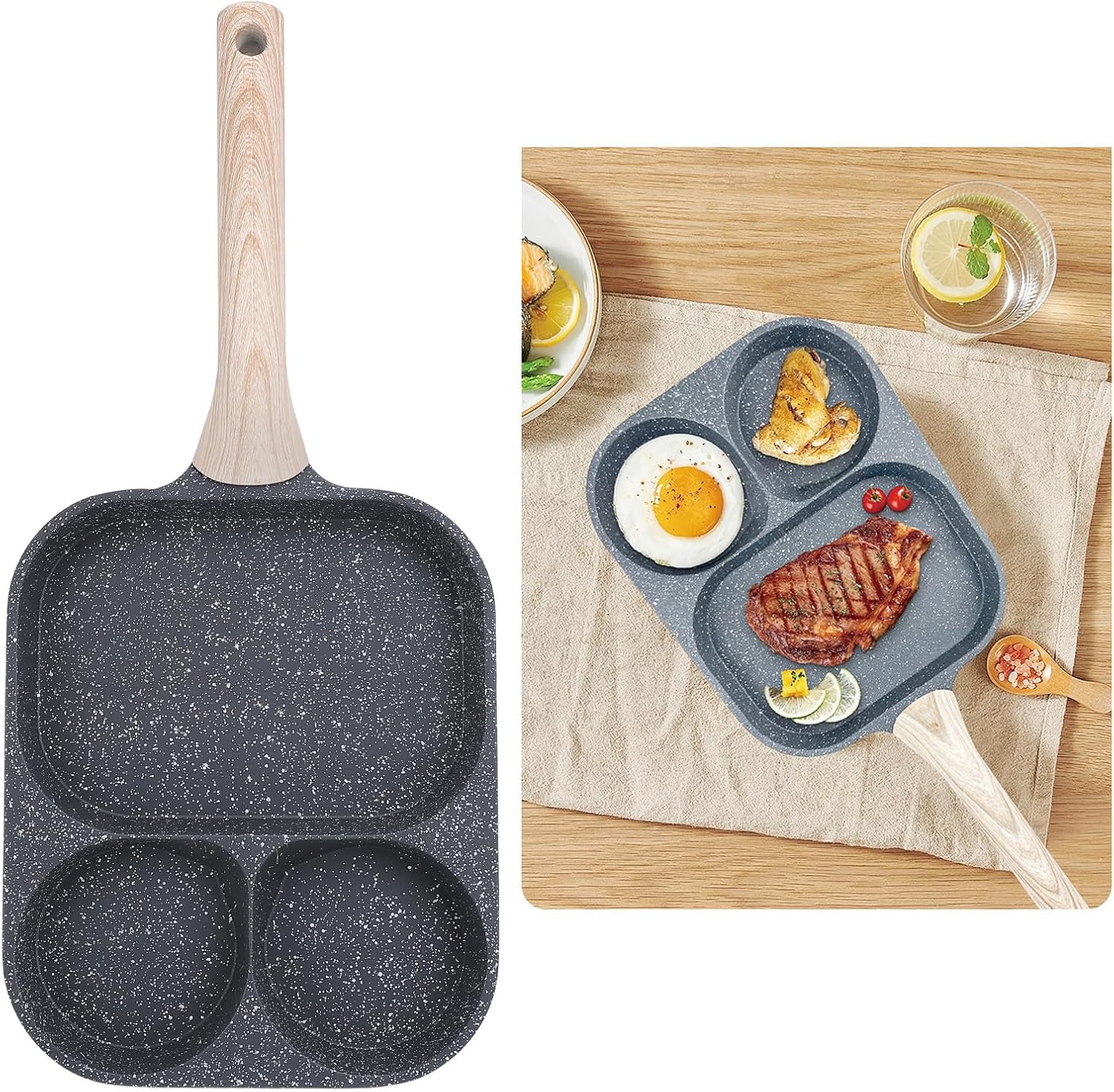 Yosoo Egg Frying Pan, 3 Section Stick Proof Flat Bottom Cooking Pan with Heat Handle for Steak Omelette Black, Coated with Non Stick (Single Bottom)