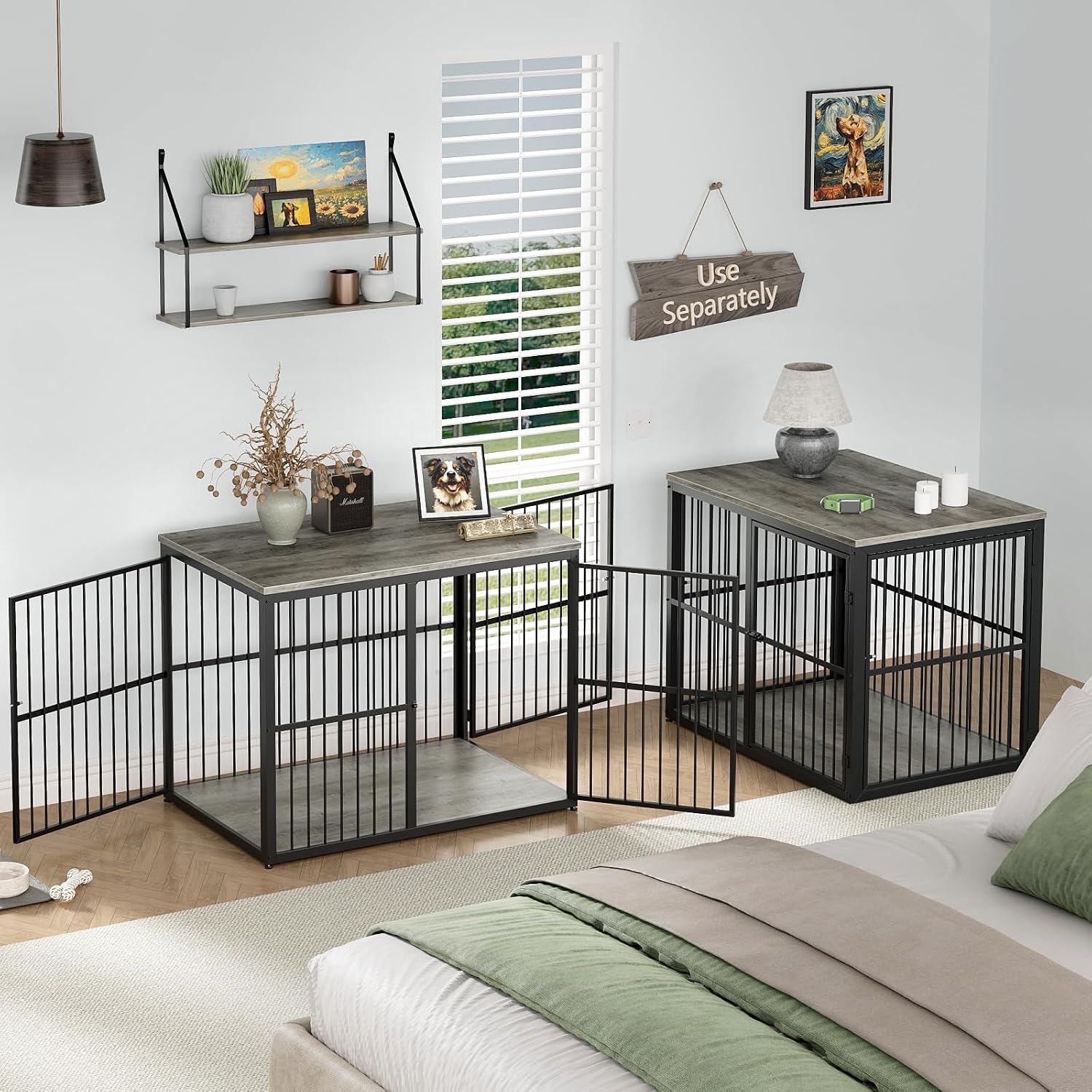 86'' Dog Crate Furniture Large Breed TV Stand for 2 Large Dogs, Double Wooden Crate Pet Cage with Removable Divider, Indoor Heavy Duty Kennel Corner End Table, Can Use Separately, Grey