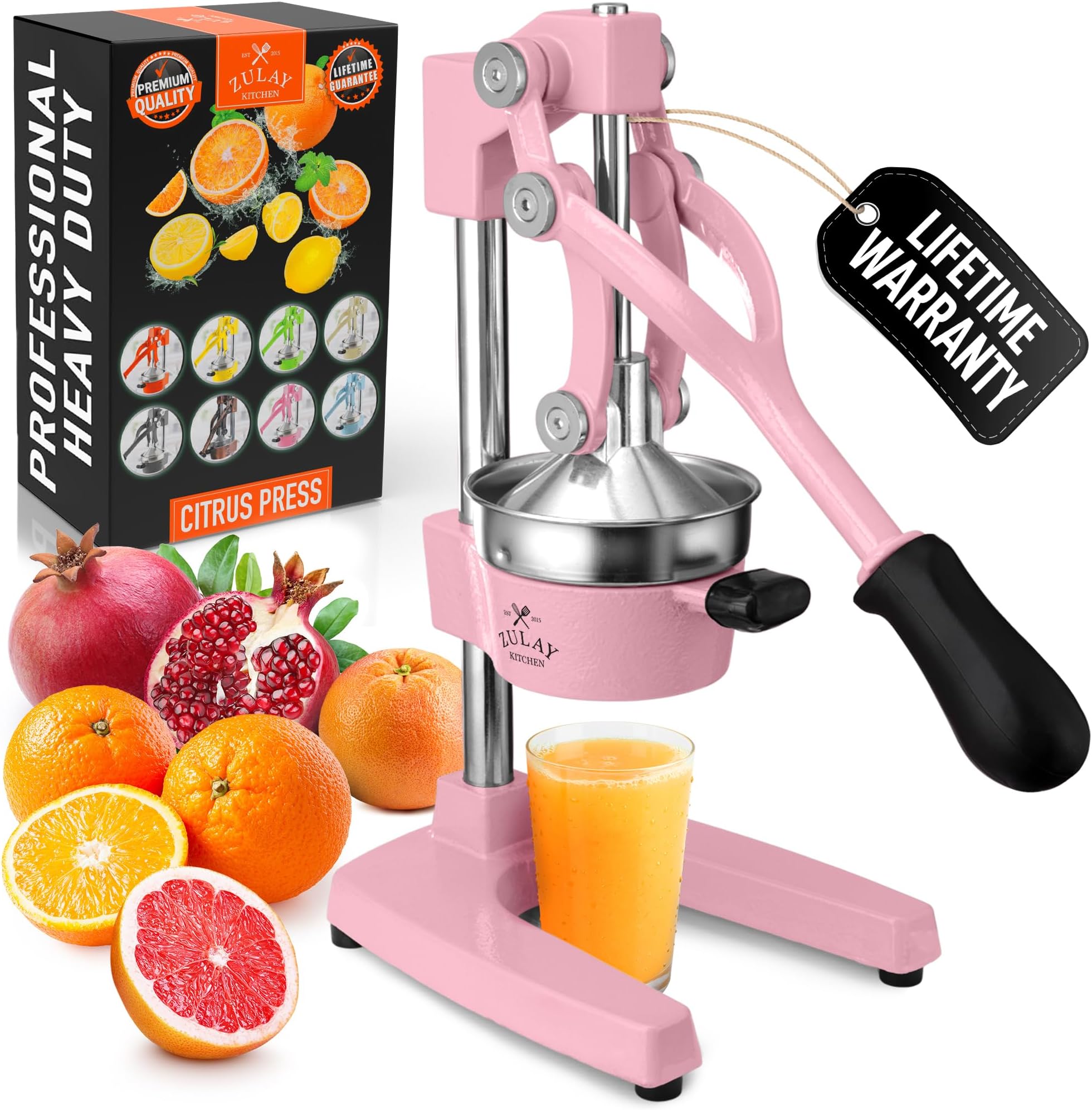 Zulay Kitchen Cast-Iron Orange Juice Squeezer - Heavy-Duty, Easy-to-Clean, Professional Citrus Juicer - Durable Stainless Steel Lemon Squeezer - Sturdy Manual Citrus Press & Orange Squeezer (Pink)