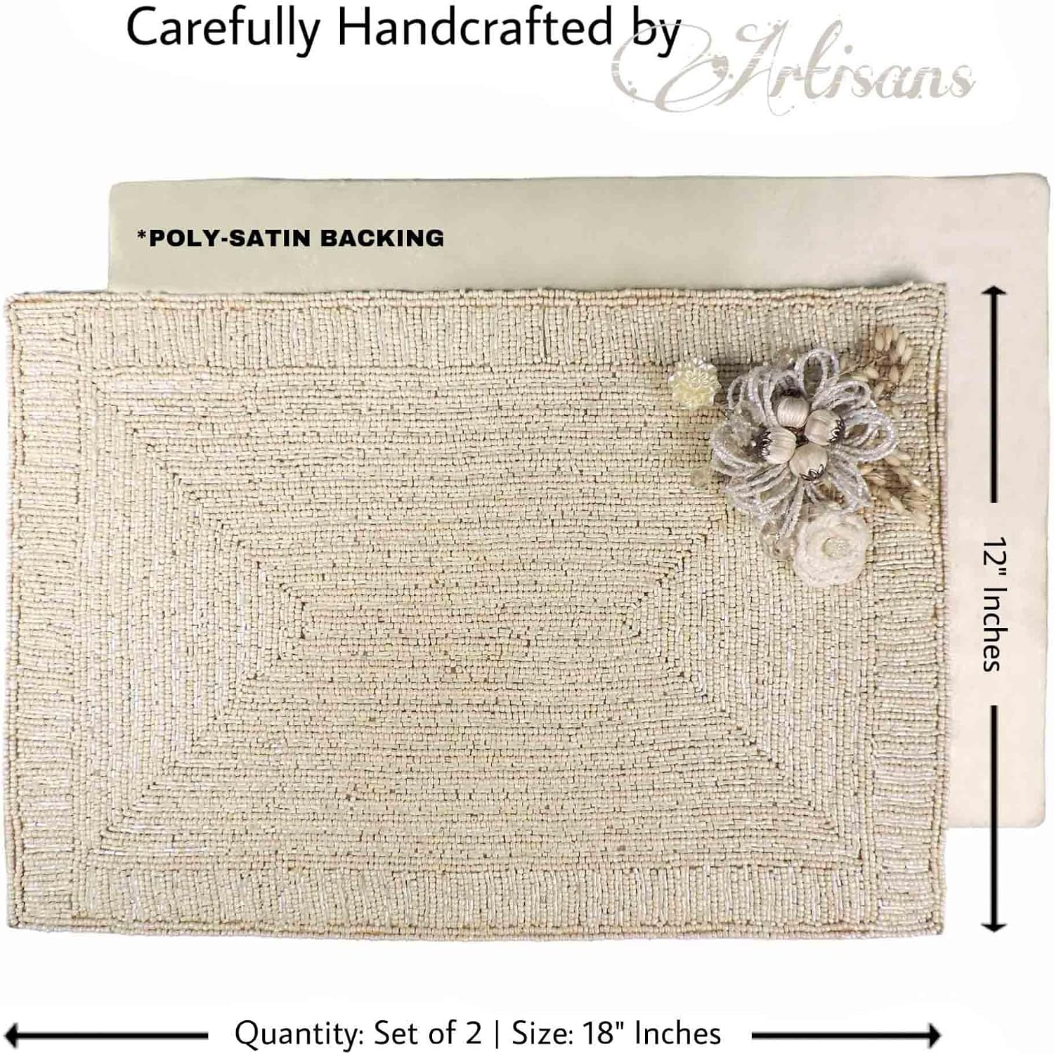 Handmade Bead Placemat, Embroidered Tablemat with Flower in Beige, Tabletop Décor, All Occasion Dining Tableware - Set of 2