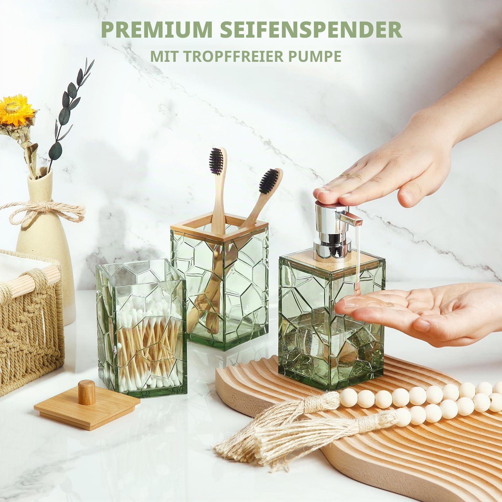 GAHEFY Salbeigrün Badezimmer-Zubehör-Set, Zahnbürstenhalter, Seifenspender, Wattestäbchen-Halter, Seifenschale, WC-Bürste mit Halter, Boho-Bambus-Badezimmer-Dekor, Acryl (Grün)