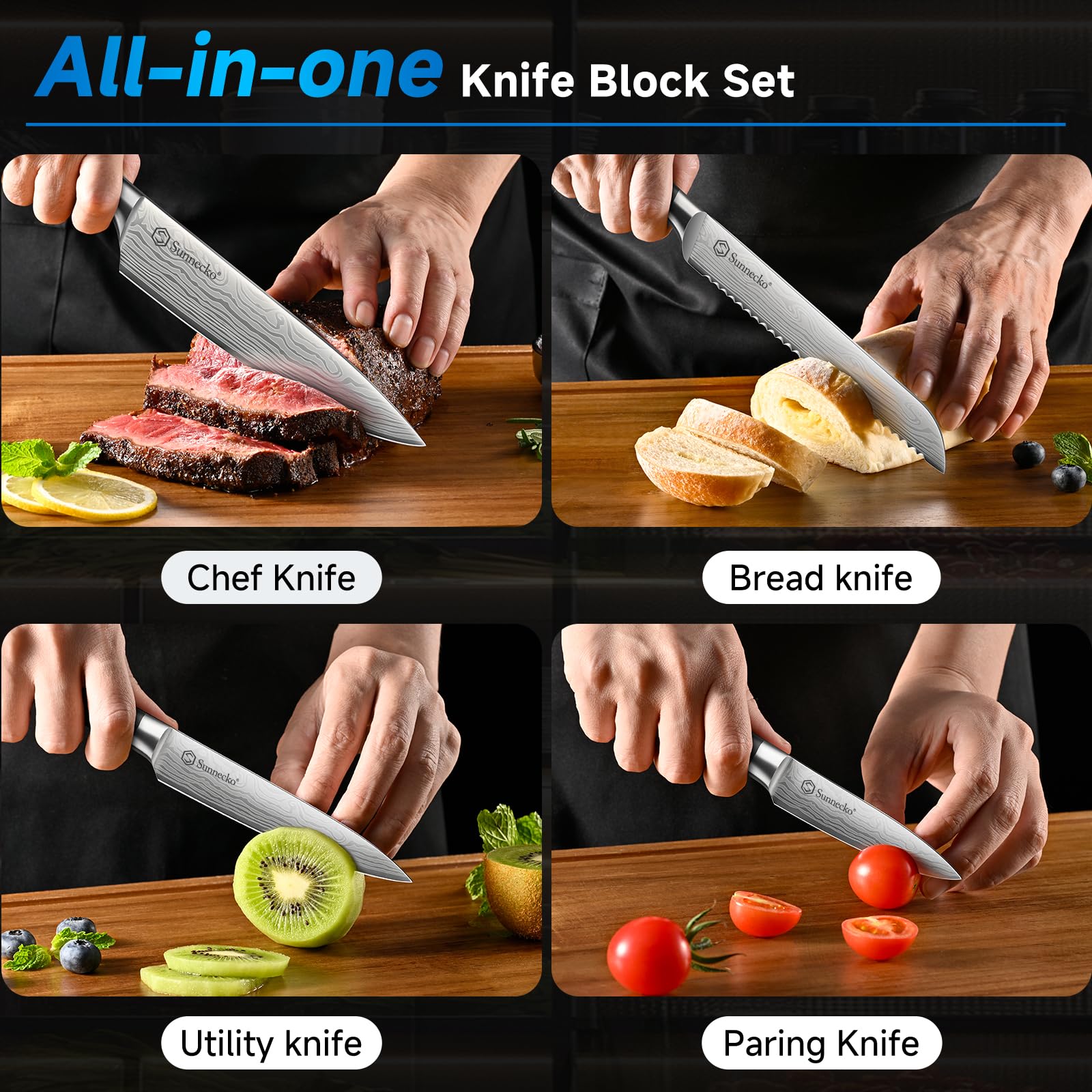 Amazon.com: Sunnecko 15-Piece Kitchen Knife Set with Block and