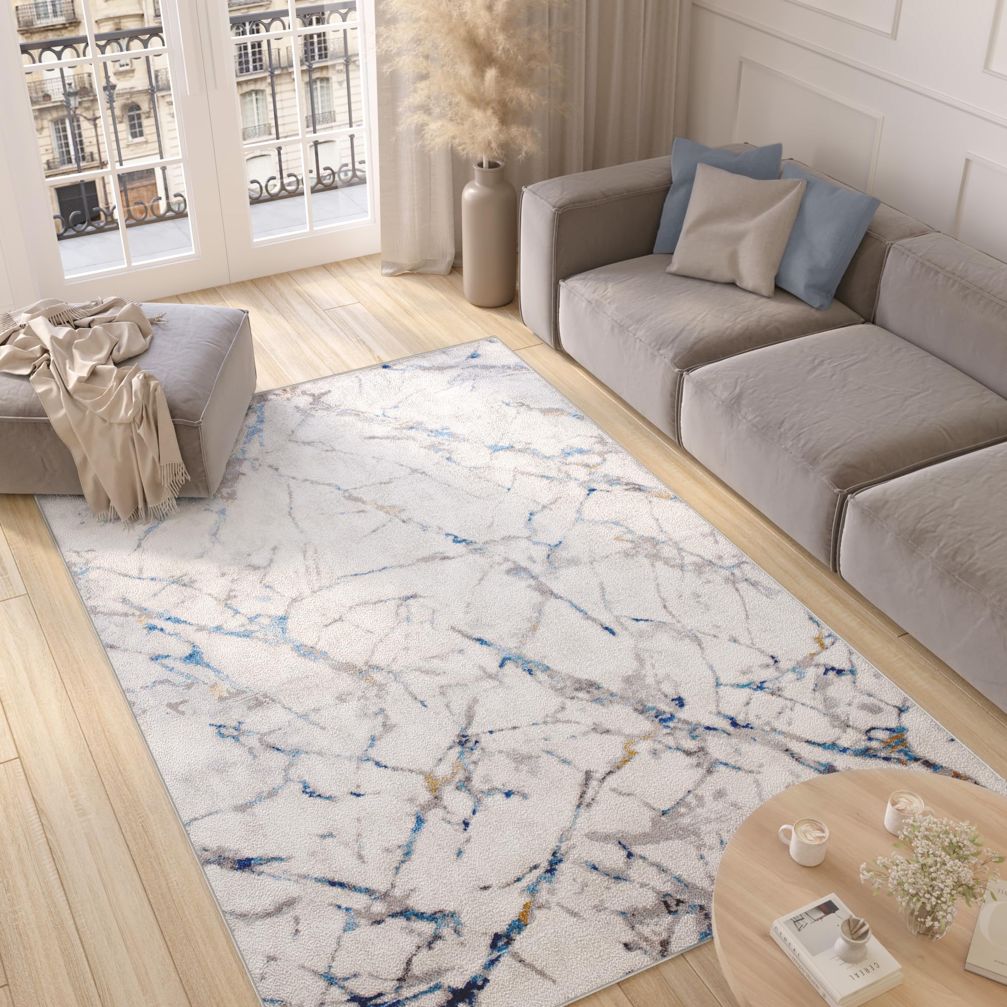 Tapis poil court abstrait bleu crème TAPISO Valley 80x150cm