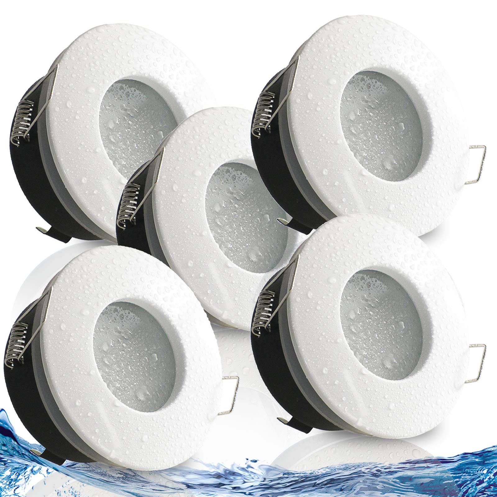 trendlights24 NAU Decken Einbaustrahler rund flach IP65 230V 5W 5er Set | Decken Einbauleuchten, Weiß, ultra flach, 50 mm Einbautiefe, LED Spots, Warmweiß, 3000k, austauschbar Bad, Feuchtraum, außen