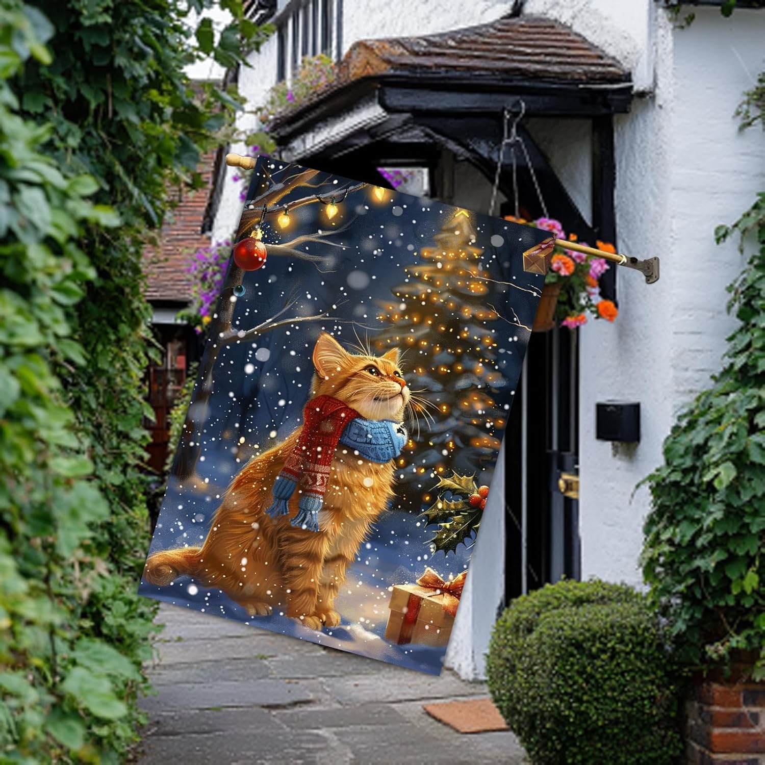Christmas House Flag 28 x 40 Inch Double Sided Garden Flag with Ginger Cat in Scarf Looking at Lit Tree for Winter Yard Banner Porch Outdoor Decor - Image 6