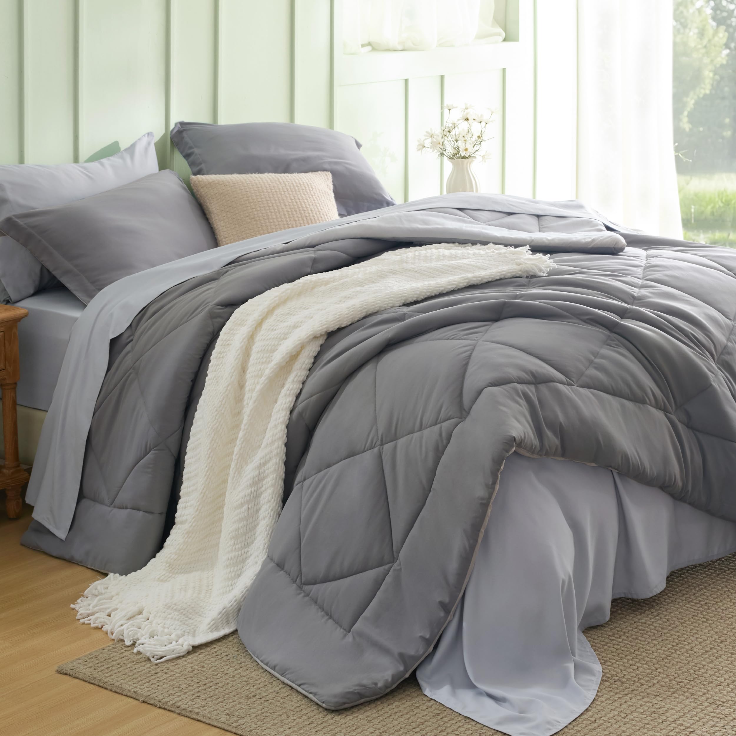 Bedsure Queen Comforter Set with Sheets - 7 Pieces Reversible Gre…