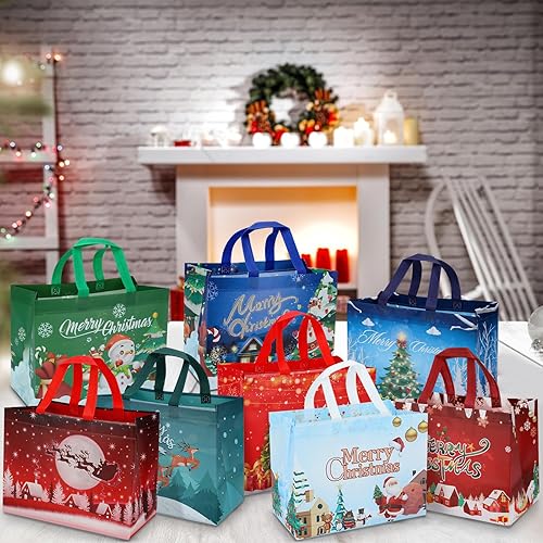 Miniatura 4 de Colovis Paquete de 24 bolsas de regalo de Navidad, bolsas de Navidad no tejidas con asa, bolsas reutilizables de regalo de Navidad para niños, 8