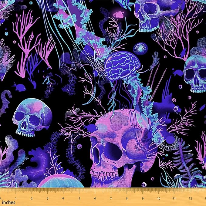 Feelyou Sugar Skull Fabric by The Yard, Halloween Themed Upholstery Fabric,Ocean Jellyfish Outdoor Fabric,Sea Creature Underwater World Reupholstery Fabric for Chairs, 2 Yards, Purple Blue Red