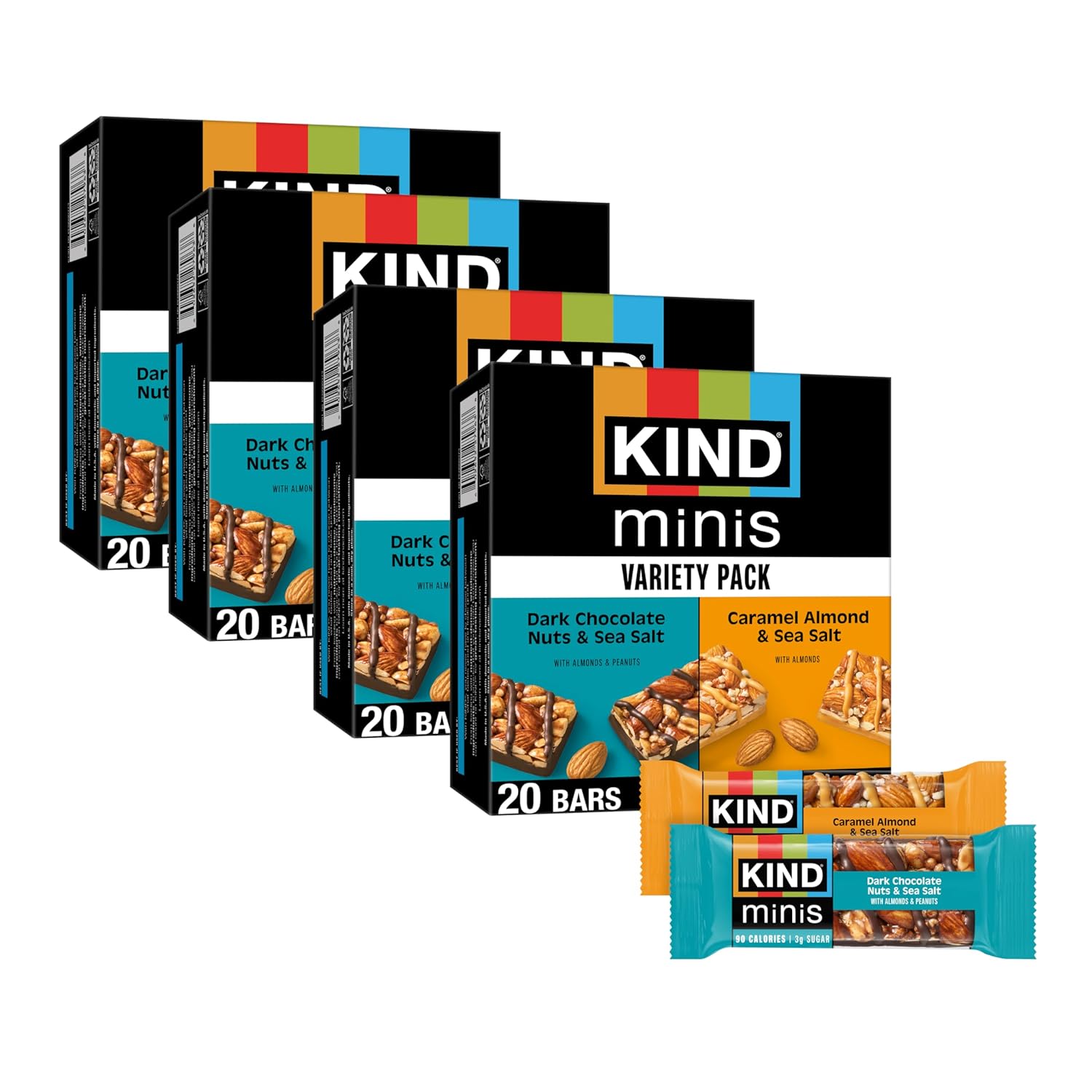 KIND Mini Snack Bars Variety Pack, Gluten Free, Low Sugar, Low Calorie Snacks, Dark Chocolate Nuts & Sea Salt, Caramel Almond & Sea Salt, 80 Count
