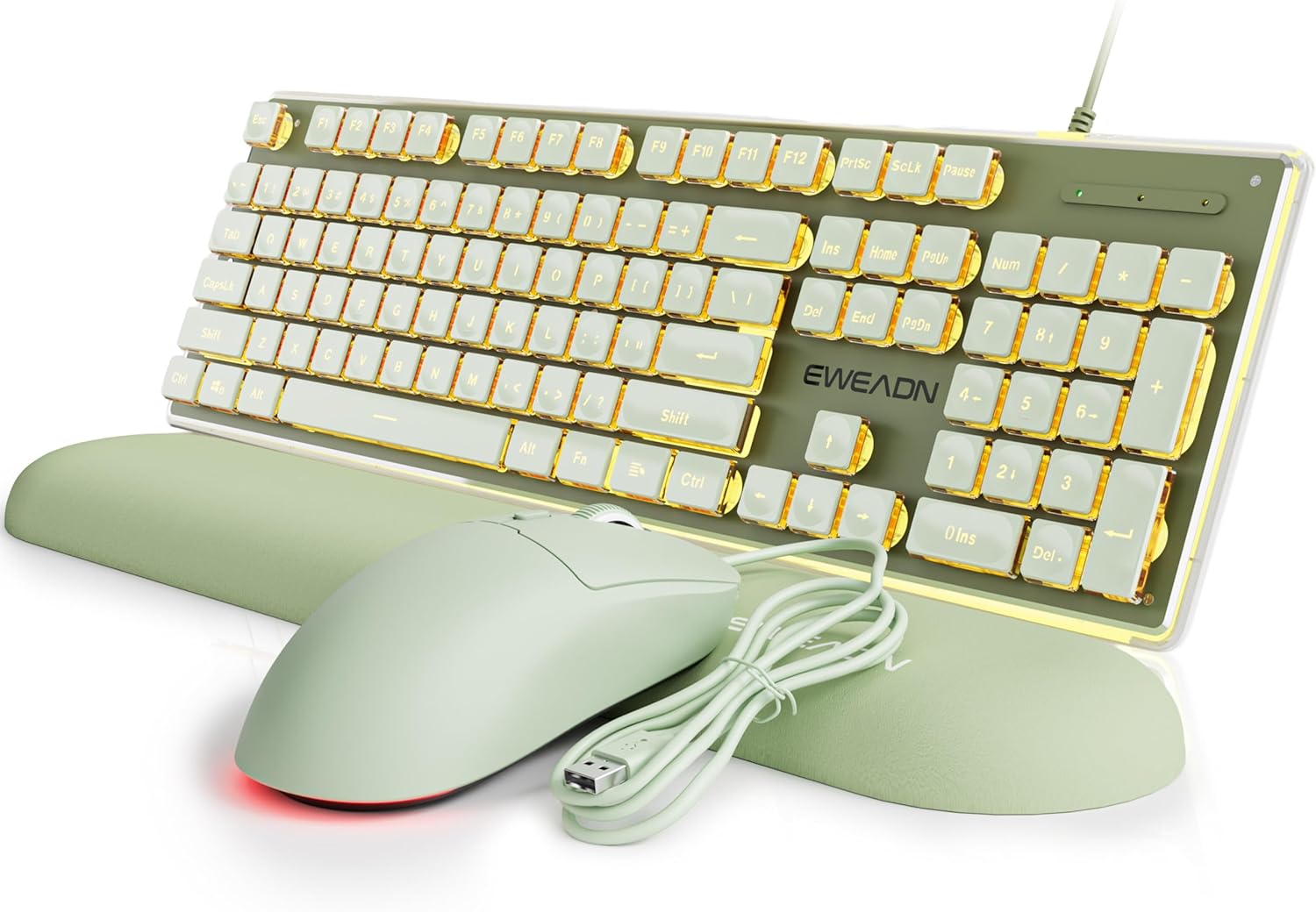 EWEADN GX710S Wired Keyboard and Mouse Combo with Wrist Rest, Warm Backlit Ergonomic Keyboard, Silent Computer Keyboard with Pudding Keycaps, 1600 DPI RGB Mouse, Plug & Play for for Laptop/PC-Green
