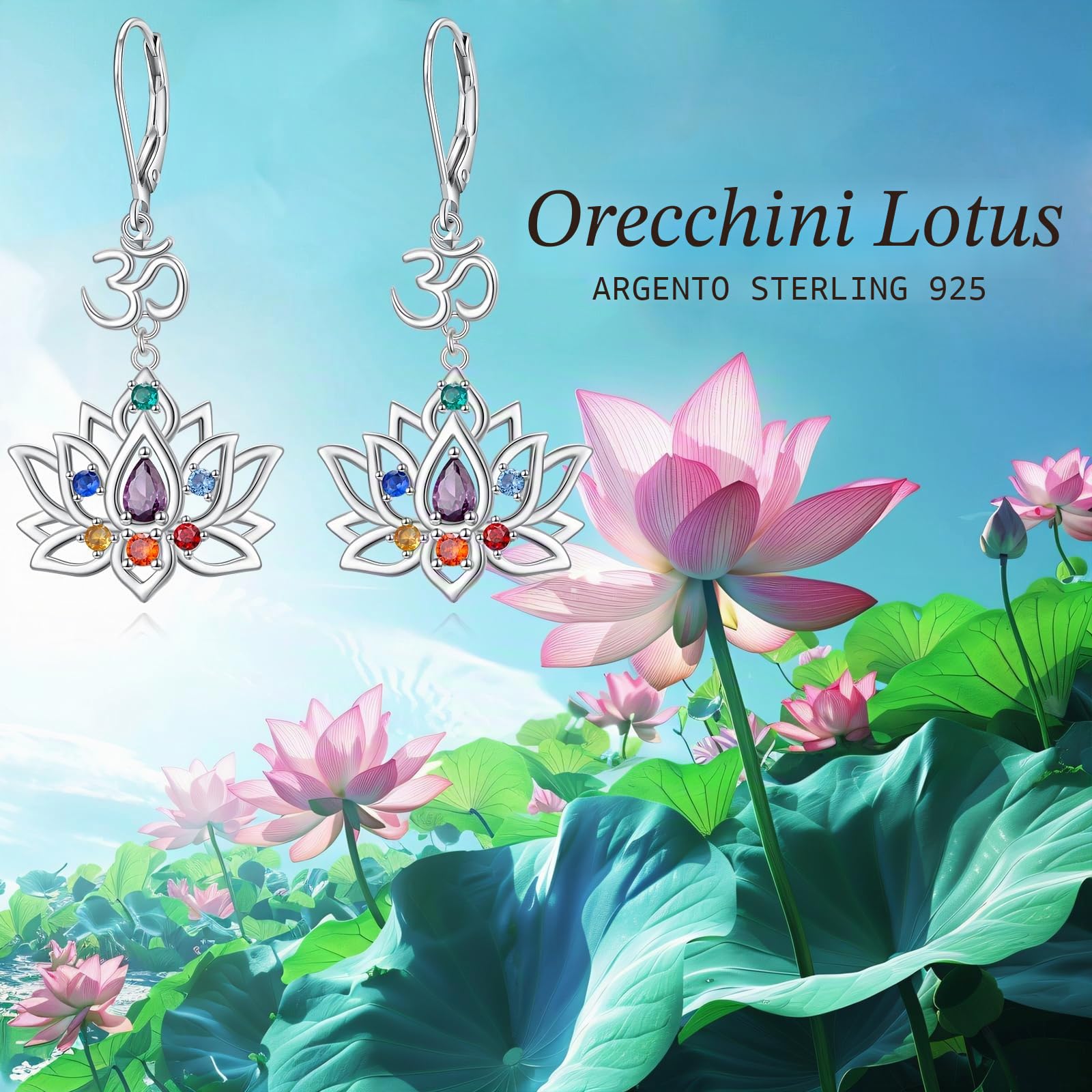 Flyow Lotus Chakra - Set di gioielli in argento Sterling 925 con 7 chakra, orecchini e collana a forma di fiore di loto yoga, regalo da donna, 0,97*0,76 Zoll, Argento sterling, Zirconia cubica