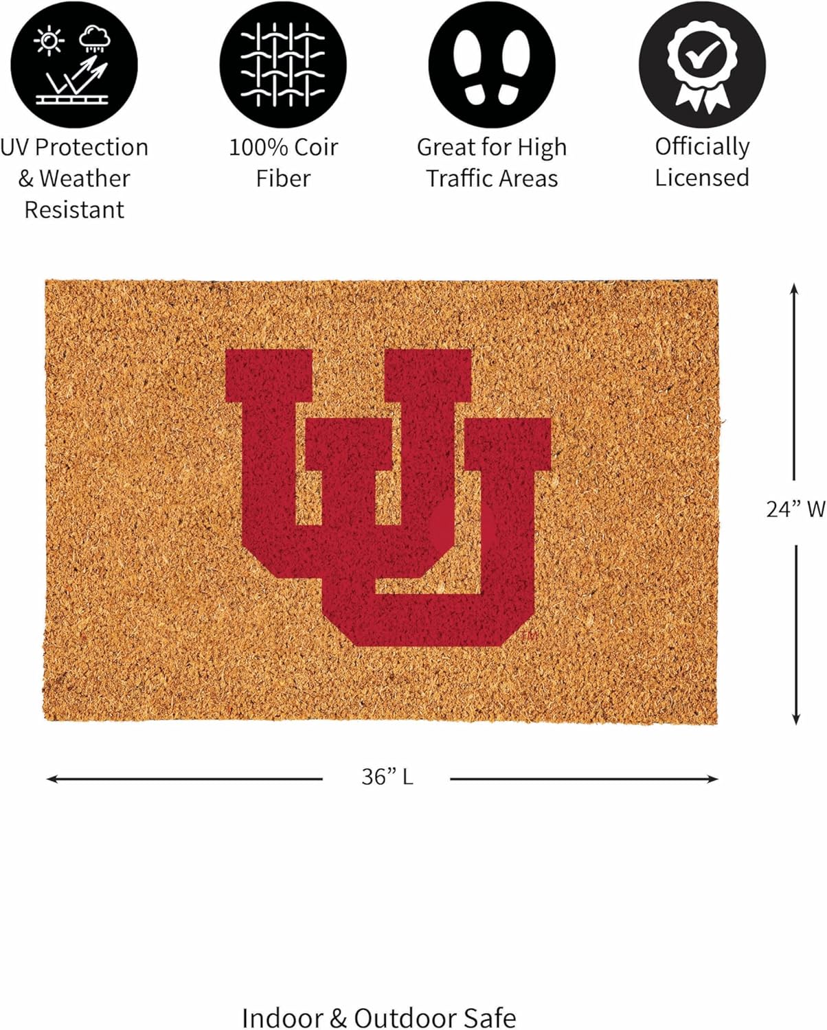Team Sports America NCAA University of Utah Coir Doormat 36"x24", Official Full Color Team Logo, Extra Large Front Door Mat, Outdoor Indoor Entrance Rug, Non-Slip Welcome Mat for Porch Patio