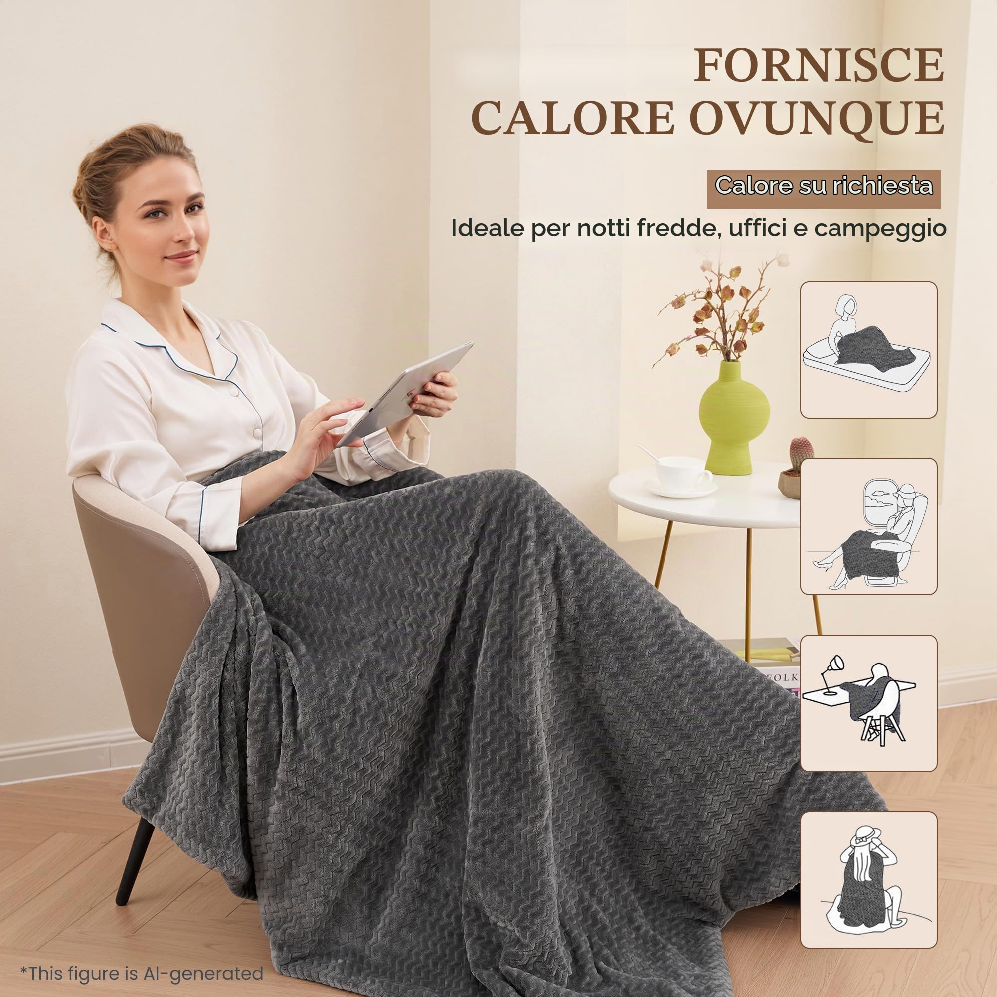 Coperta Elettrica 130x180cm, Grande Coperta Riscaldante con Motivo Onde e 6 Livelli di Calore, Spegnimento Automatico 1-10H, Lavabile in Lavatrice per Divano Letto e Ufficio (Grigio)