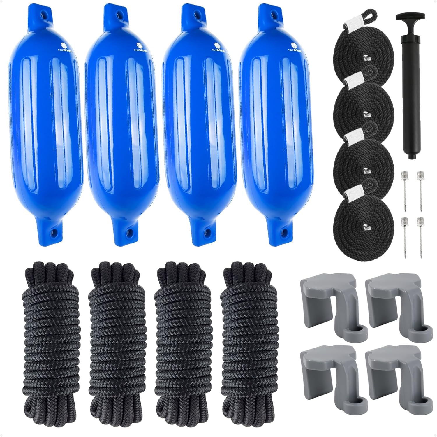 Five Oceans Twin Eye Ribbed Boat Fender Kit, Inflatable Boat Bumpers for Docking with Fender Lines 3/8-Inch x 5Ft, Multiple Size