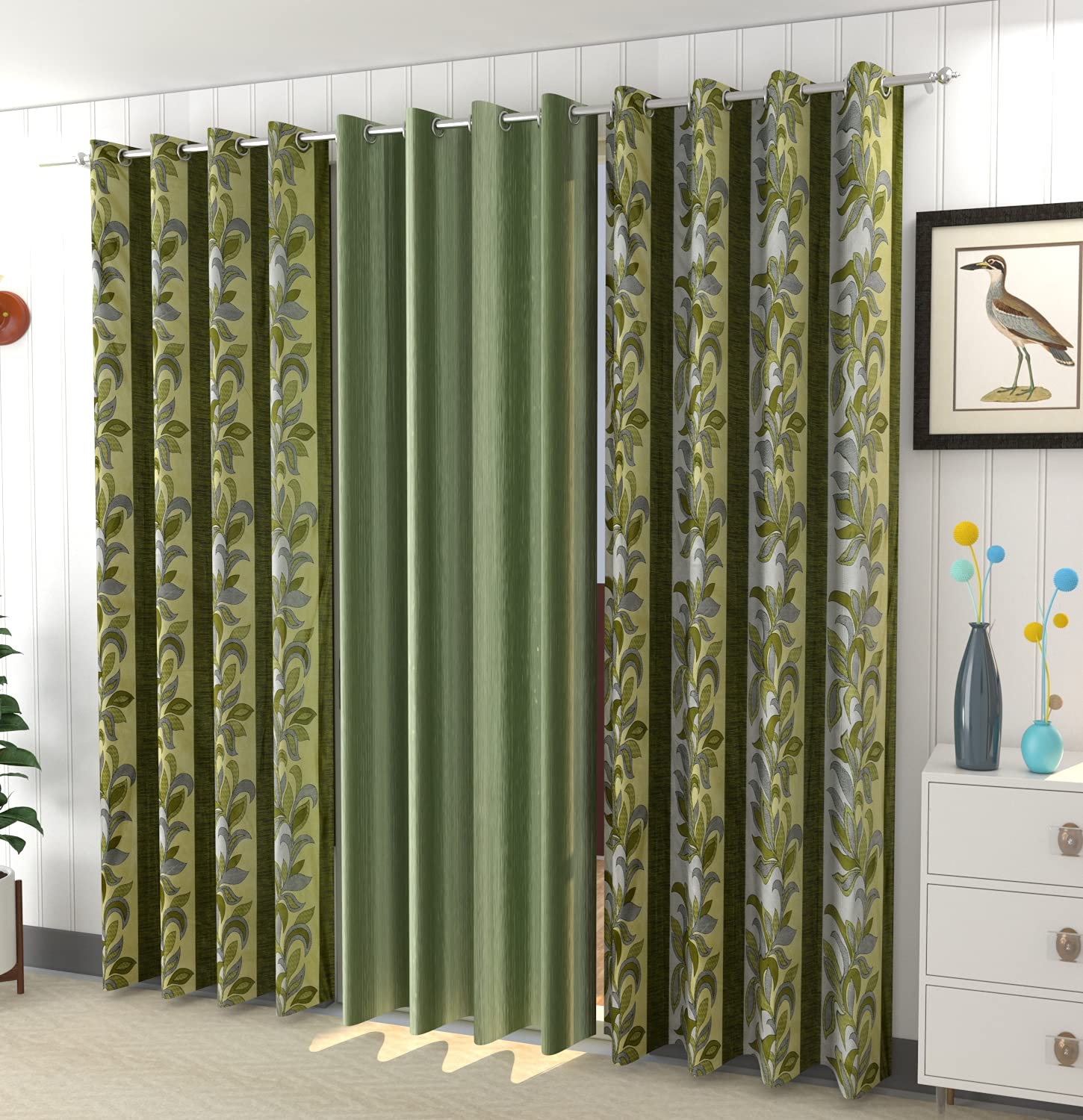 Fab Castle 3 Piece Elegant Printed and Plain Combo Curtains for Door 7 Feet, Green (Green(Indica), Door - 7 Feet)