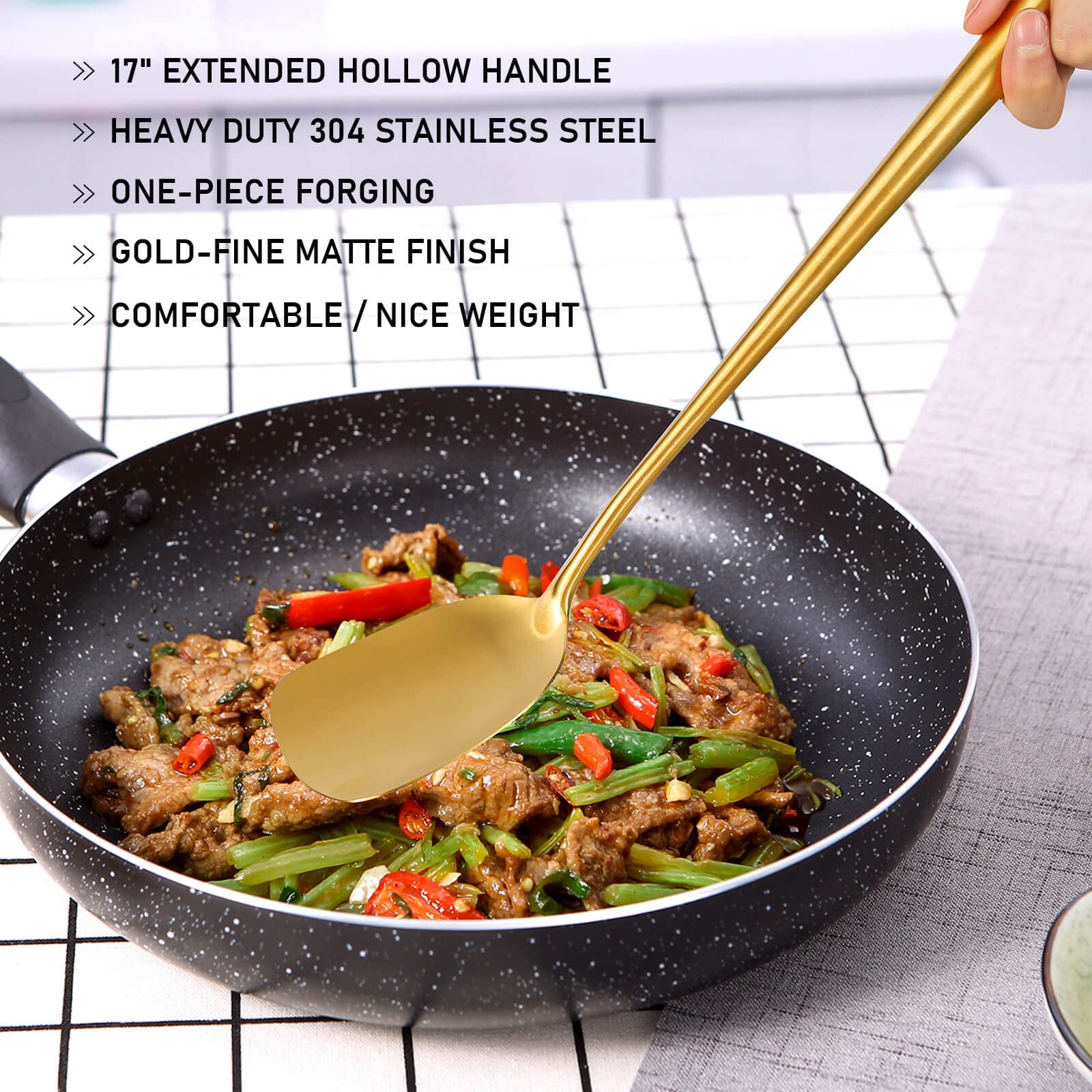 Juego de utensilios de cocina de acero inoxidable dorado de 17 pulgadas, Standcn 4 piezas de mango largo resistente al calor, espátula Wok, cucharón, cuchara ranurada, espátula ranurada