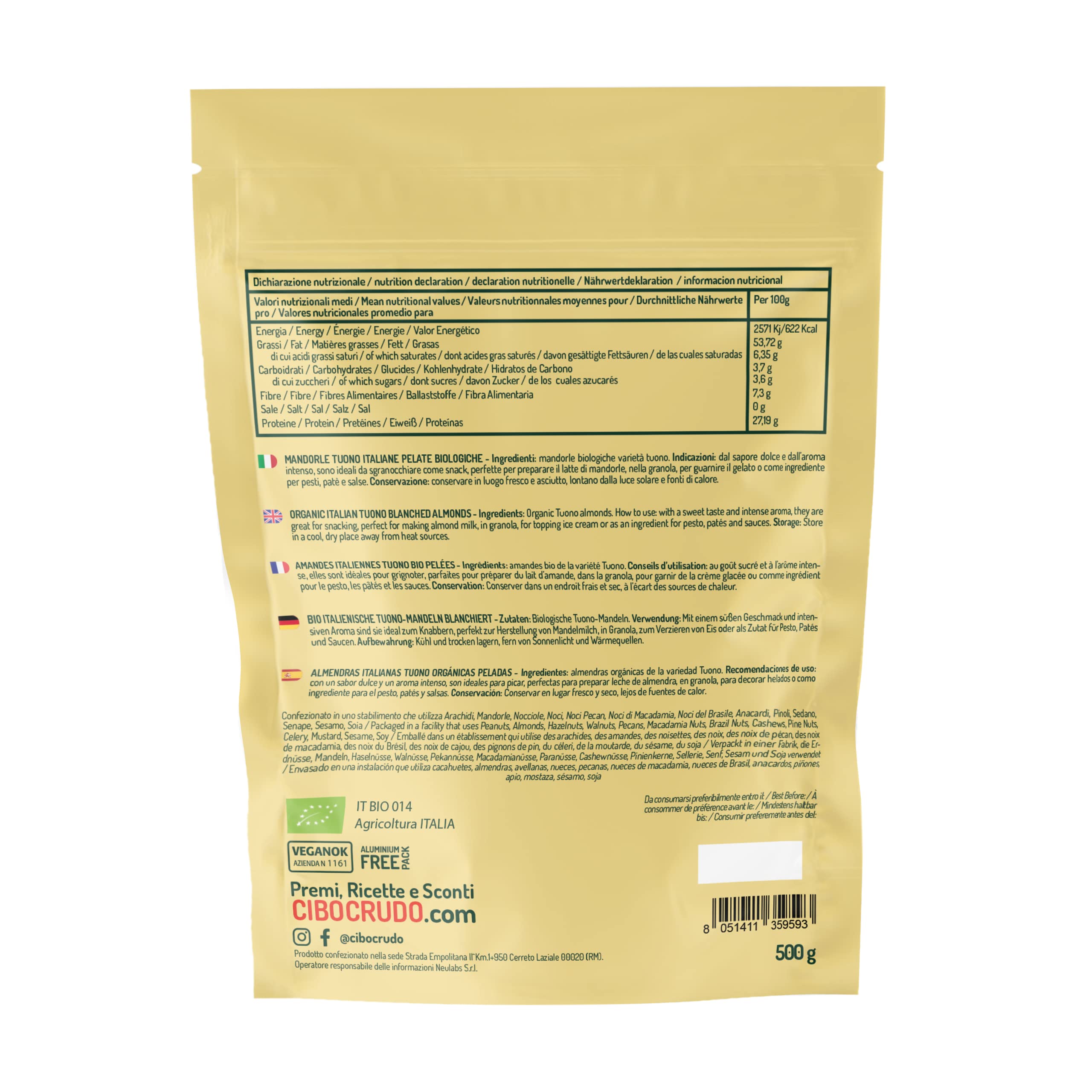 Almendras Crudas Peladas Ecologicas - 500g. Almendra Siciliana Pelada Cruda y Orgánica no Tostada. Fuente de Calcio y Vitamina E. Frutos secos de Sicilia.