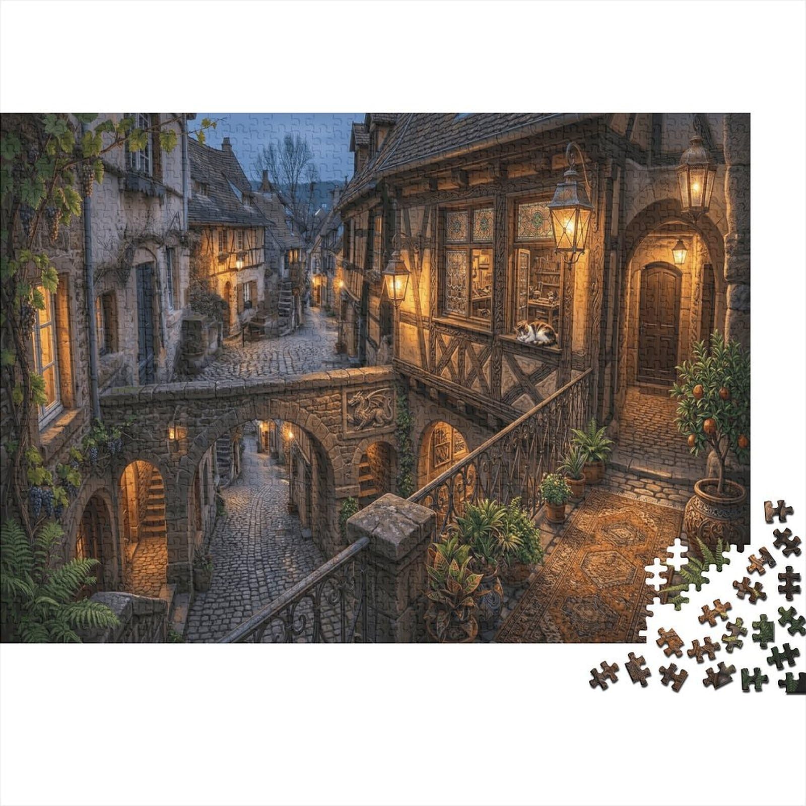 Medieval Town 1000 Piece Jigsaw Tudor Architecture As A Gift Mental Relaxation Birthday Present Wall Decor Framed Puzzle Art for Adults 52x38cm/1000pcs